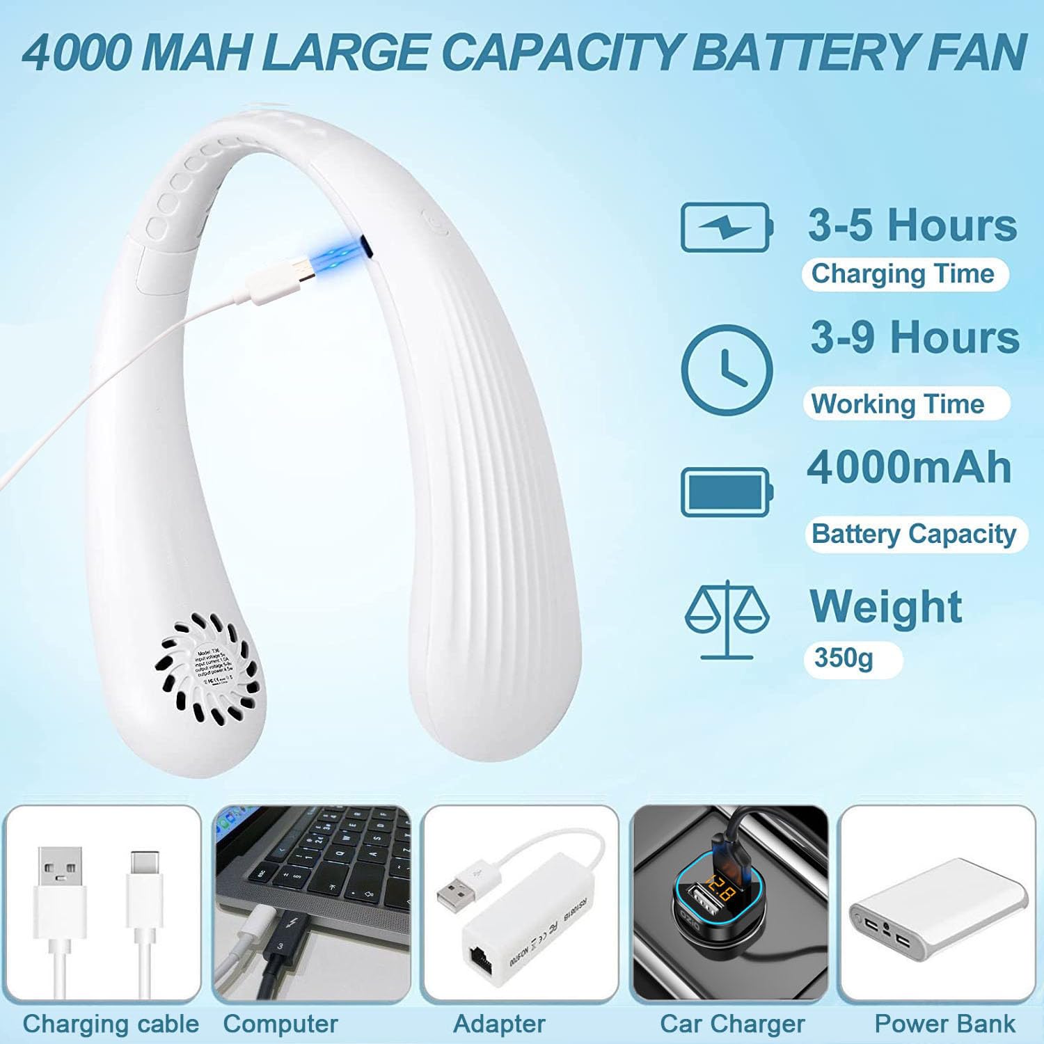 Ventilateur cou Portable,USB Ventilateur 4000mAh Rechargeable sans lame Silencieux personne Collier Ventilateur Nuque Refroidisseur 3 Vitesses, pour Bureau (Blanc)