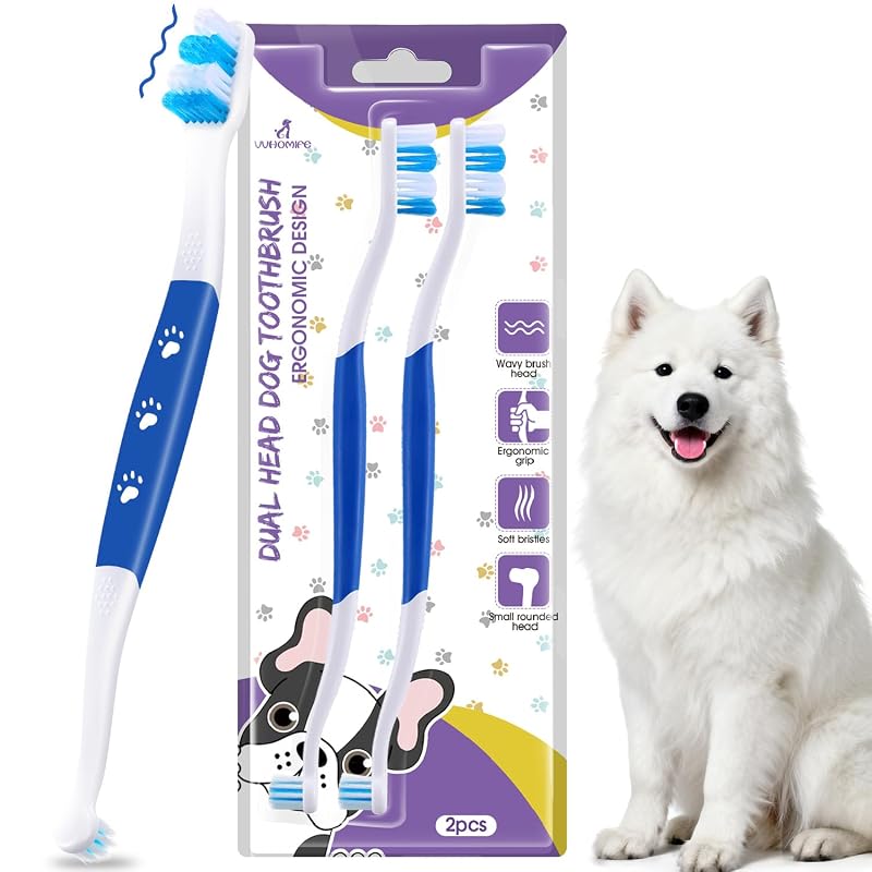 Escova de Dente para Cães Médios e Grandes com Cabeça Dupla e Cerdas Ultra Macias VVHOMIFE, Azul, Pacote com 2