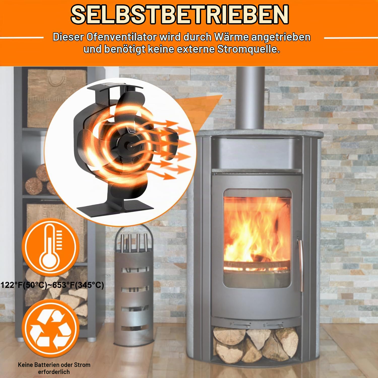 Ofenventilator Oszillierender Kaminventilator Kaminventilator Ohne Strom, Ofenventilator mit 4 Blättern für Kaminofen, Effiziente Wärmeverteilung für Holzbrenner und Kamin