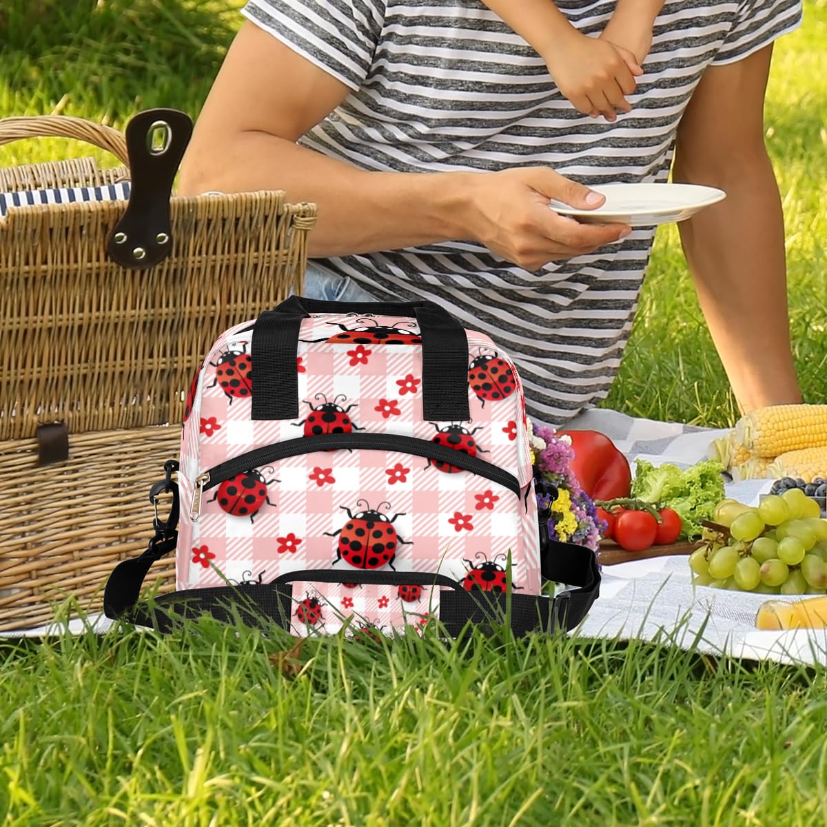 Lunch Bag Box Cute Ladybugs Flower Plaid Check Insulated Cooler Lunch Tote Bag Container Snacks Organizer for Women Men Adult Office Work Picnic Hiking