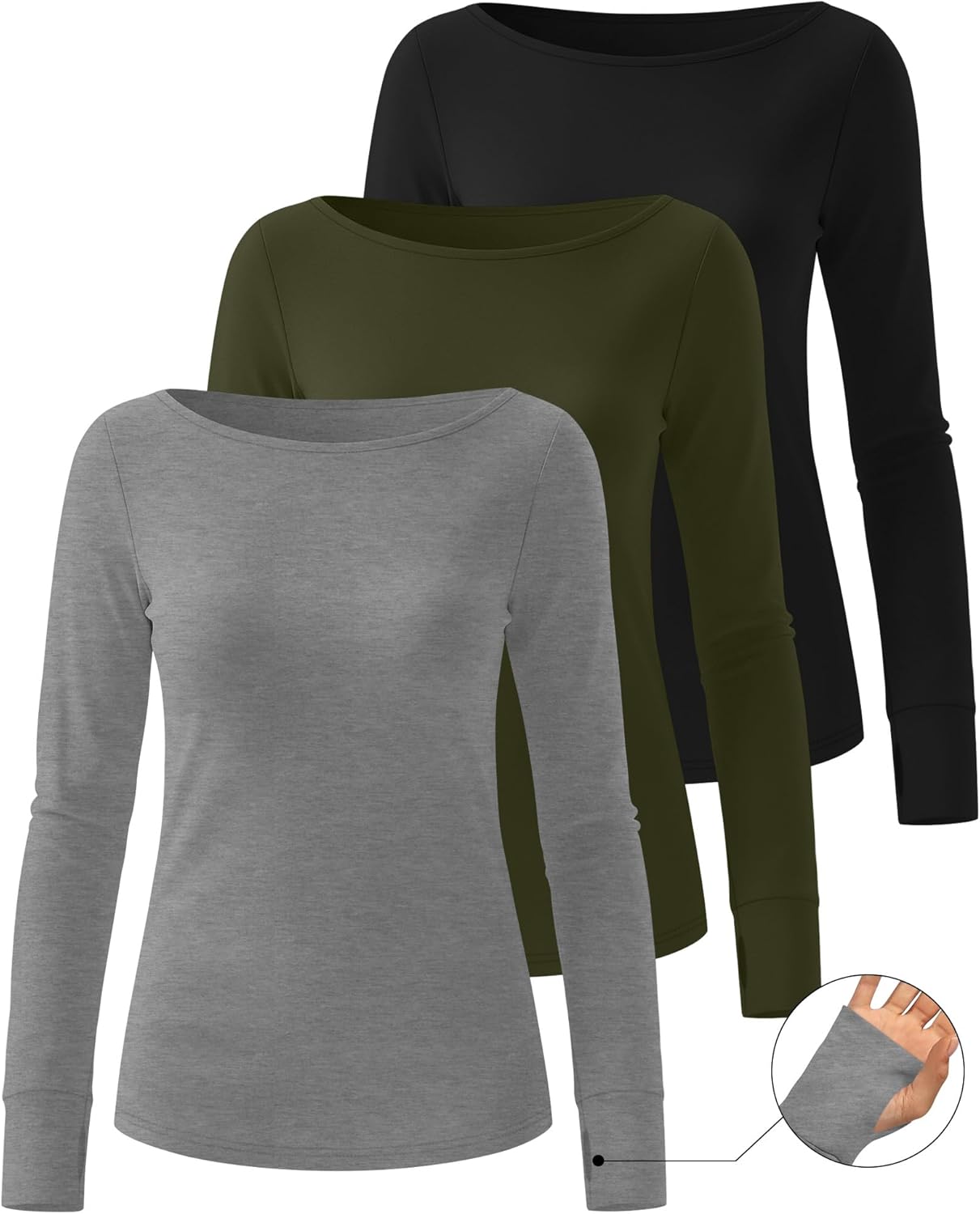 Riyiper 3 Pack Women's 95% Cotton Long Sleeve Shirt with Thumb Hole, Boat Neck Casual Tunic Tops 2025 Fall Trendy Basic Tees - Image 3