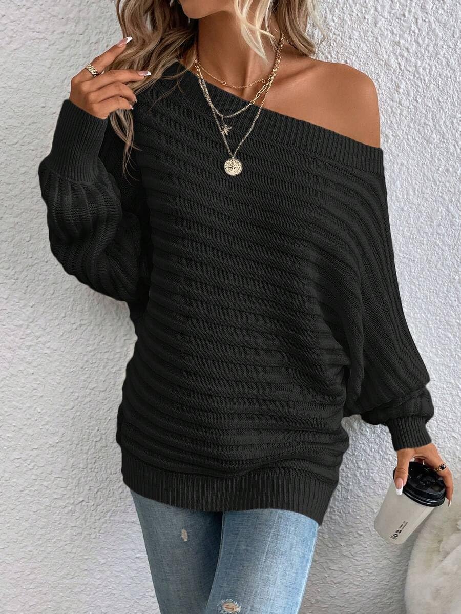 ZAFUL Womens Fall Sweaters Off The Shoulder Batwing Sleeve Textured Knit Tops Oversized One Shoulder Sweater - Image 7