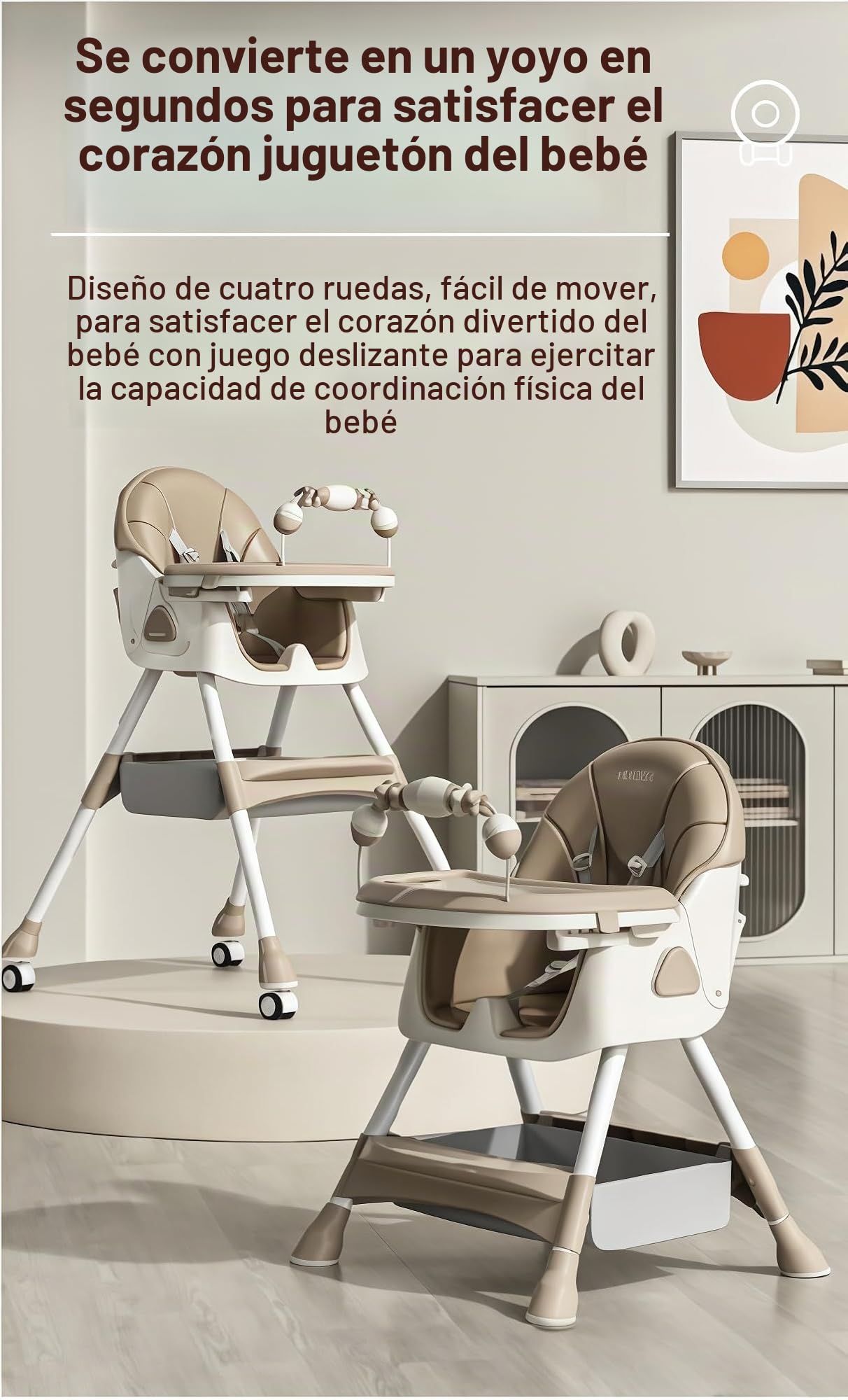 Plegable Cuero PU Tronas de Bebe con Función de Caballo Balancín, Altura Ajustable y 4 Posiciones Reclinables, Silla de Alimentación Convertible con Bandejas y Ruedas Desmontables (Gris)