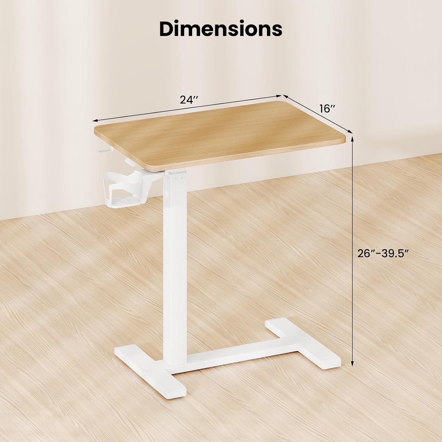 GOFLAME Rolling Standing Desk, C Shaped End Table Adjustable Height with Hidden Wheels, Cup Holder & Headphone Hook, Mobile Sofa Couch Bed Side Table for Living Room, Home Office (Natural)