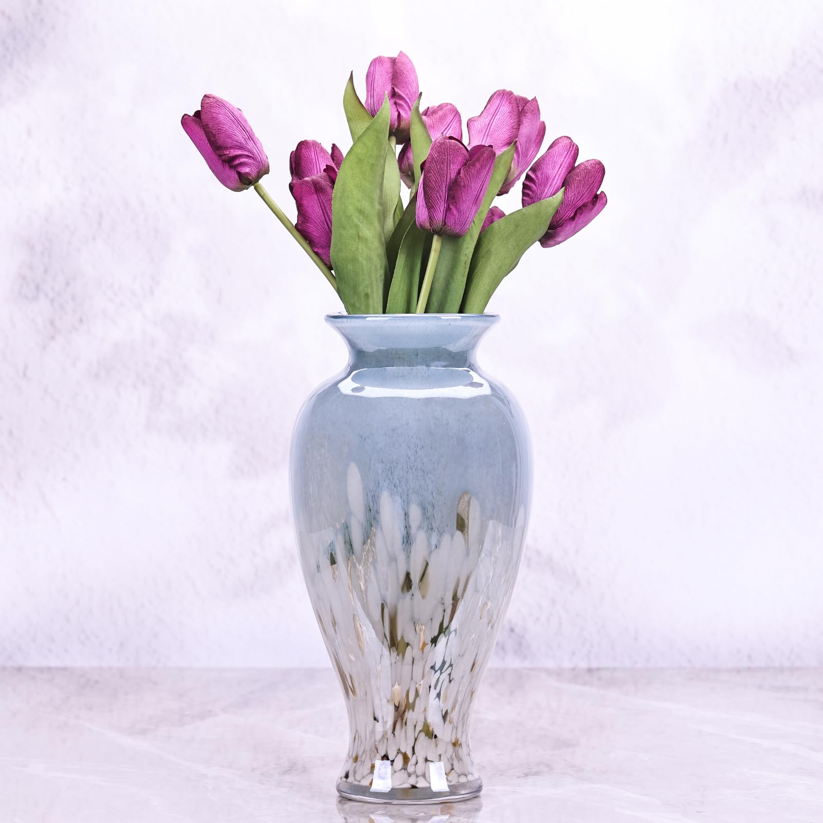 30 cm Vaso in Vetro Soffiato Blu Chiaro e Bianco, Vaso Colorato a Bocca Larga, Vaso Artistico per Casa, Soggiorno, Tavolo, Erba della Pampas (Blu E Bianco)