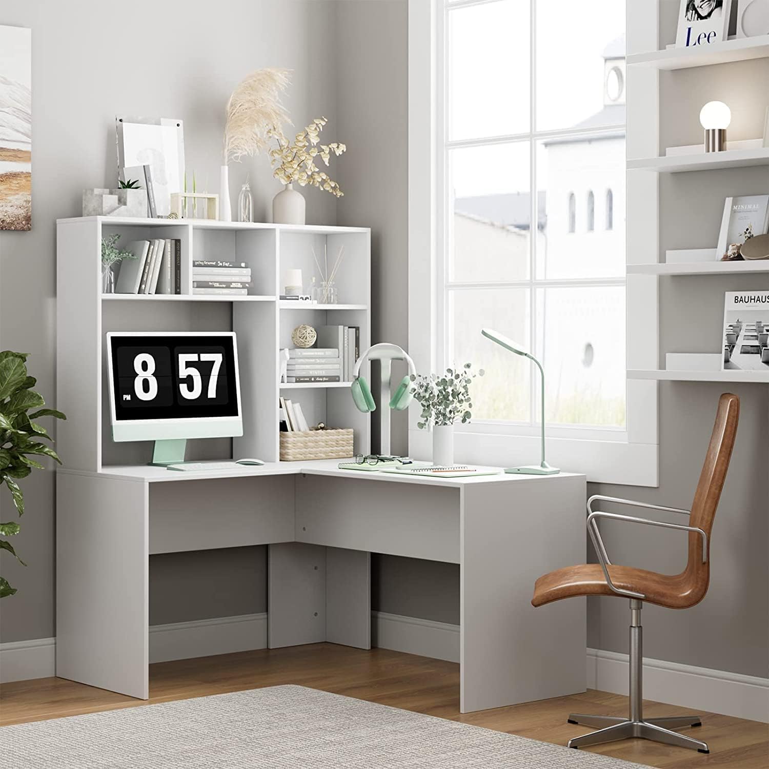 FirFurd Escritorio Esquinero con Estantería, Escritorio Juvenil, Mesa Ordenador en Forma de L, con Regleta, Mesa para Estudio, Dormitorio, Oficina, Blanco