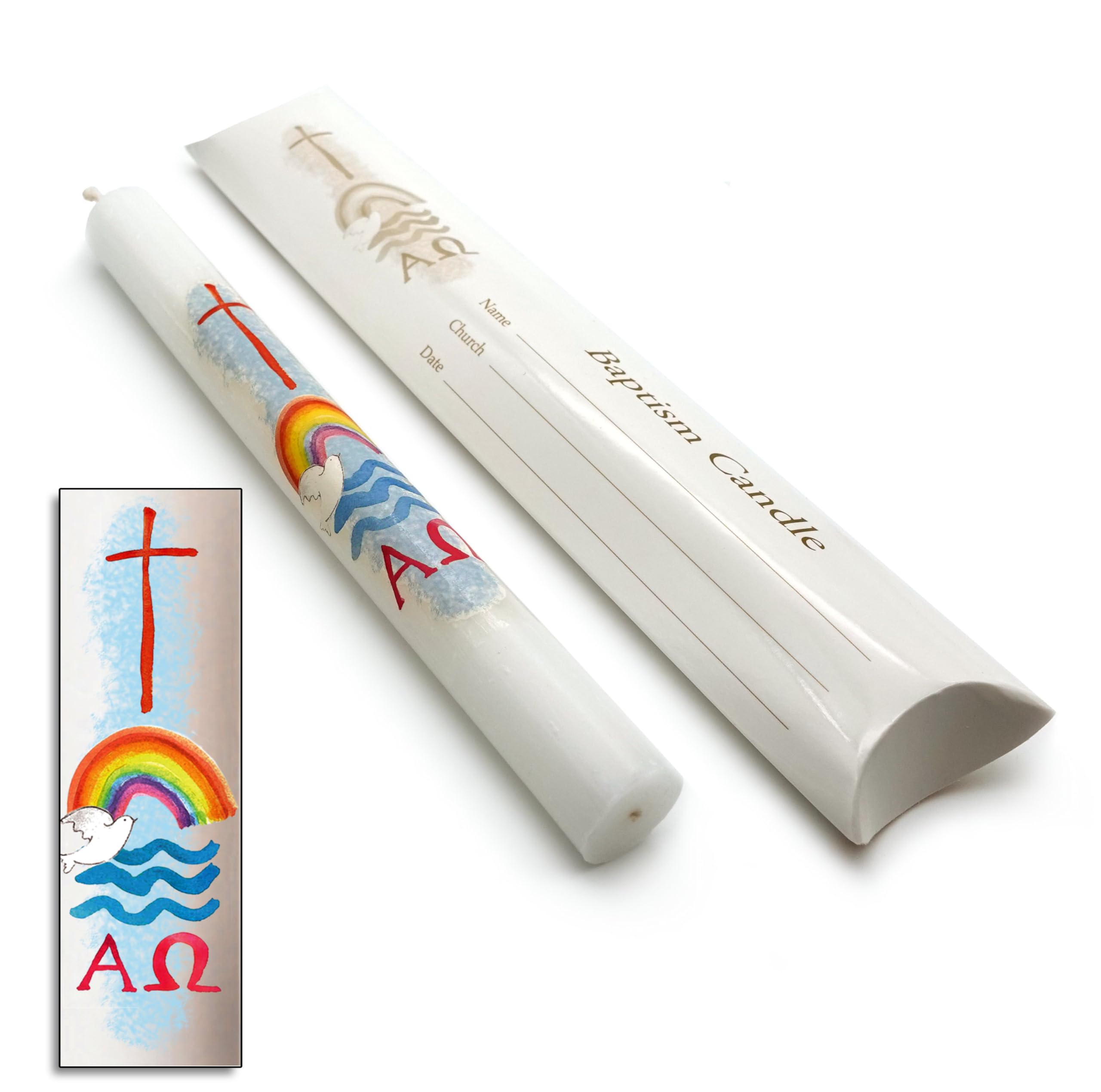 9" Watercolour Baptismal Candle - Cross & Rainbow Over Water