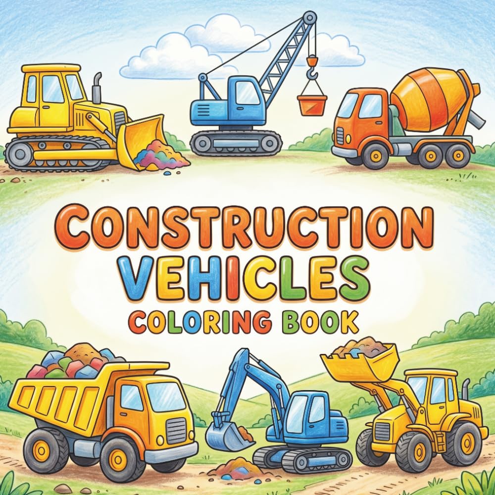 Construction Vehicles Coloring Book: Easy Pages for Kids Bulldozers Excavators Dump Trucks Cranes Simple Designs Bold Lines Beginners Activity