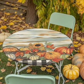 Round Fitted Tablecloth Retro Autumn Farm Pumpkin Flower Washable Waterproof Oil-Proof Elastic Table Covers for Picnic Camping Indoor Dining Table Protector Thanksgiving Wood Board Fits 55-60 Tables