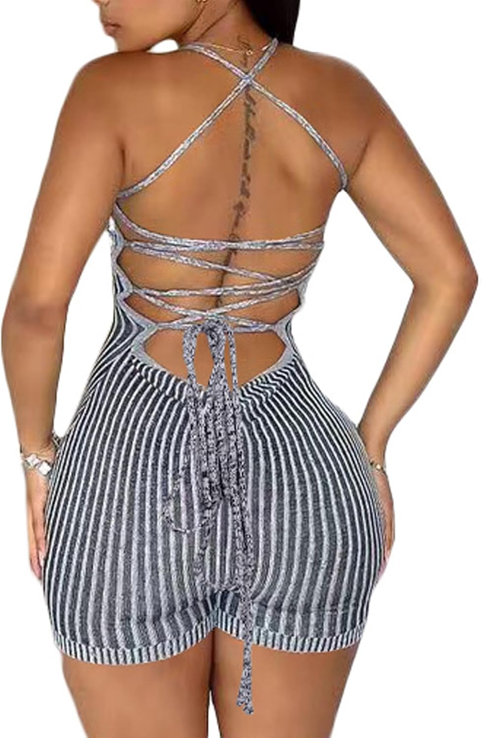 Women's Sexy Backless Short Jumpsuit Sleeveless Tie Back Knitted Bodycon Rompers One Piece Short Bodysuit, Black, XXL - Image 2