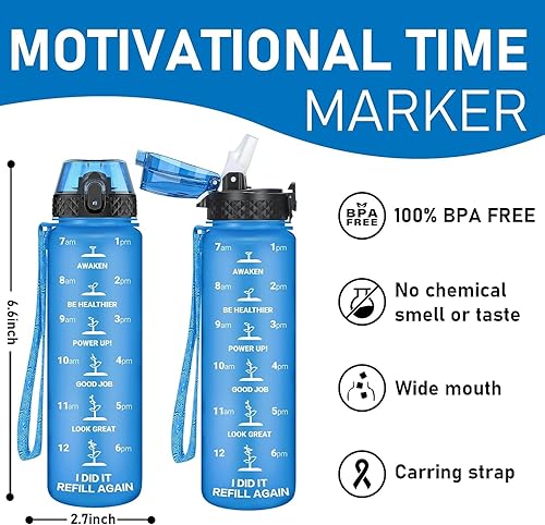 Miniatura 5 de GOPPUS Botella de agua para niños con tapa con pajilla, 10 calcomanías de 17 onzas, a prueba de fugas, sin BPA, marcador de tiempo, botellas de agua