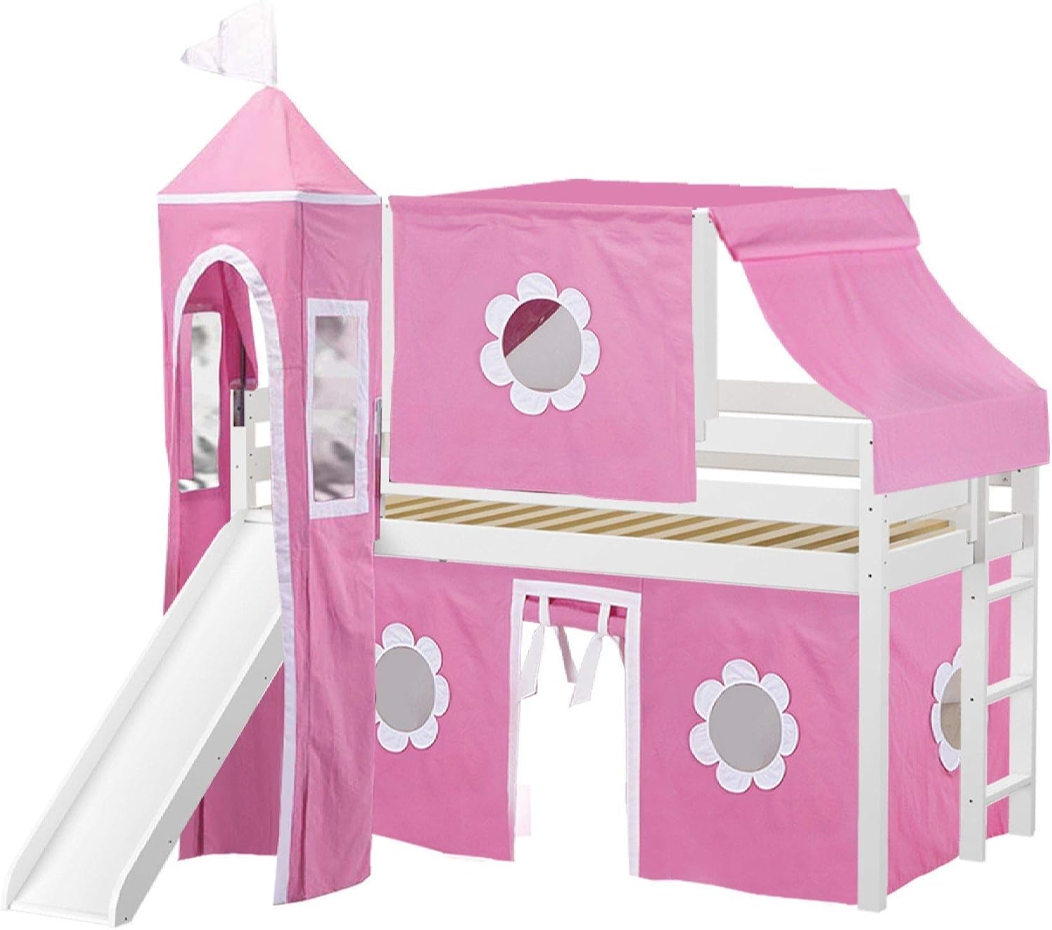 JACKPOT! Princess Low Loft Bed with Slide Pink & White Tent