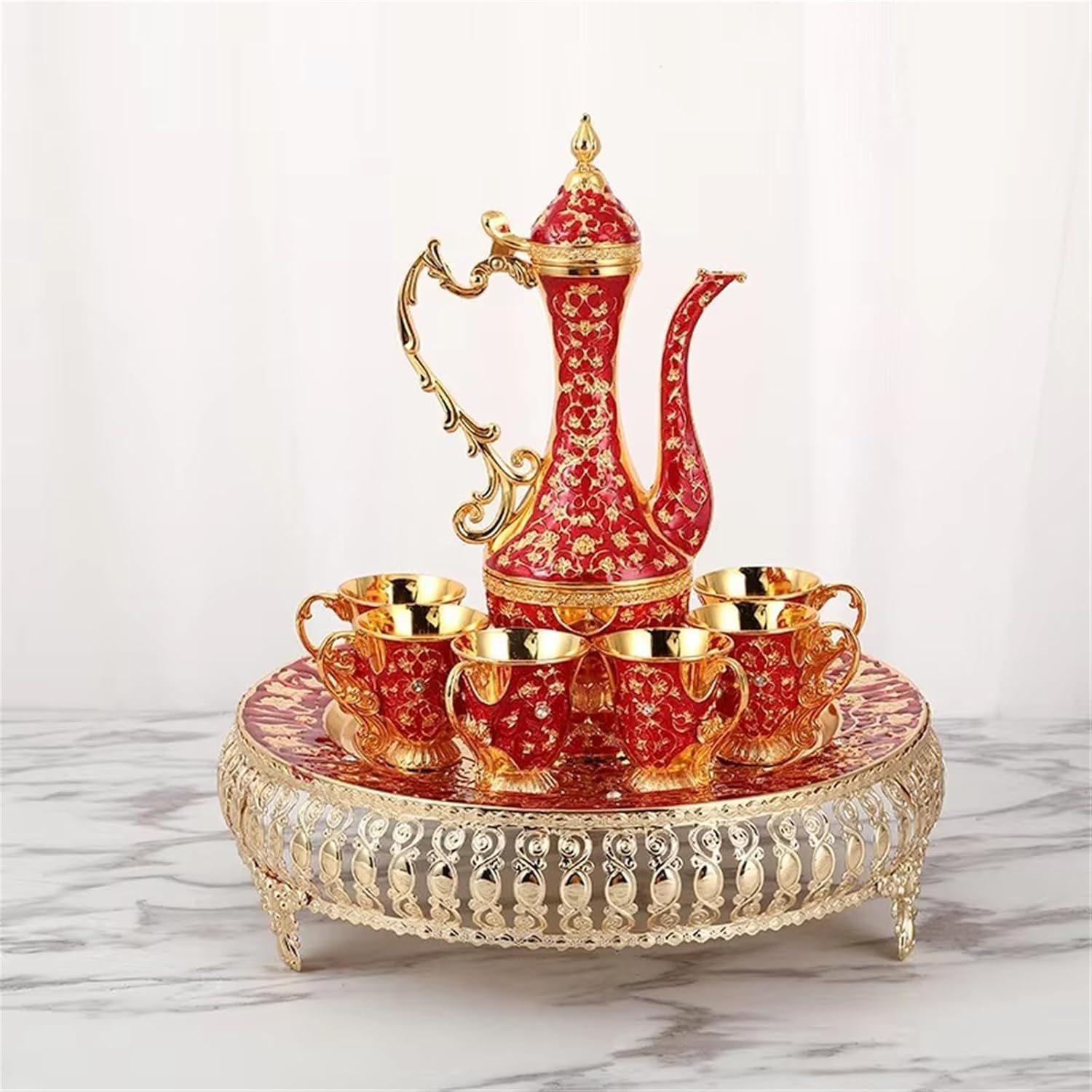 Vintage Extra Large Turkish Coffee Tea Set for 6 with Crystal Tray Gold Relief Teapot-set1