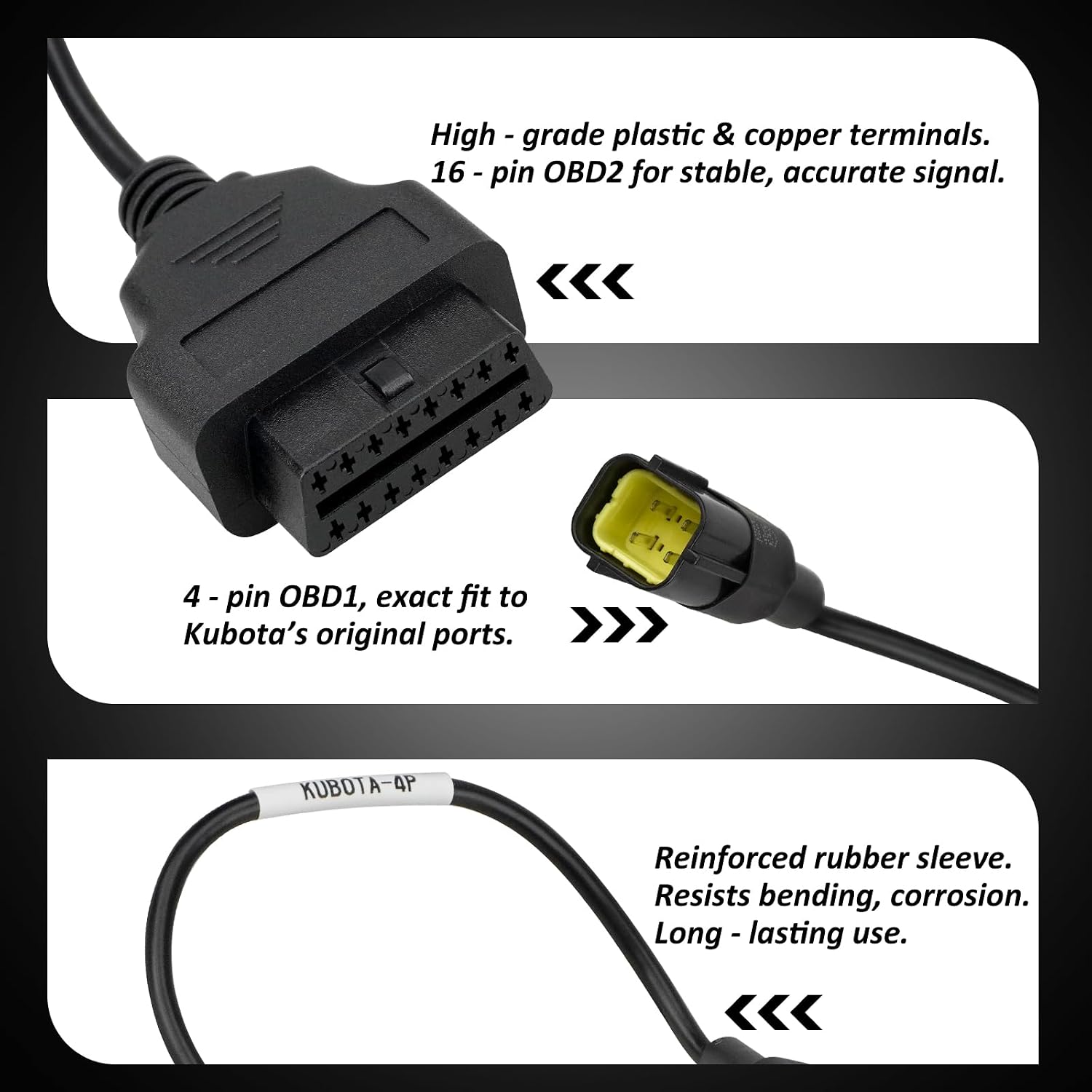 OBD2 Adapter Cable for Kubota Vehicles, 4 Pin to 16 Pin OBD1 to OBD2 Diagnostic Connector, Compatible with OBD II Scan Tools – Replaces 3824-26