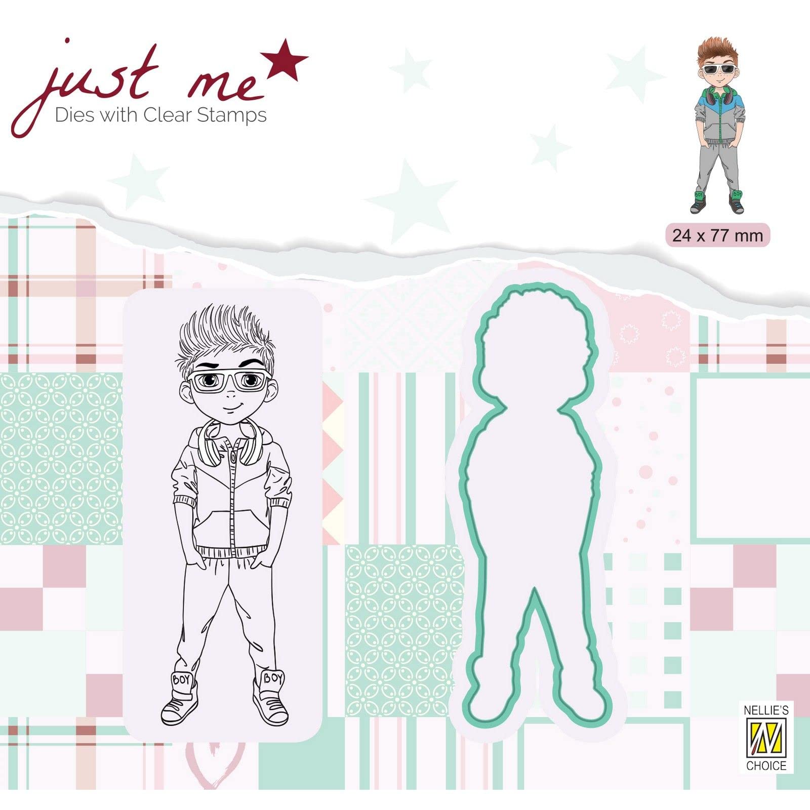 Nellie's Choice Cutting Die and Clear Stamp, Boy with Dog, 2.4 x 7.7 cm, Card Making Supplies, Metal Dies for Scrapbooking, DIY and Paper Crafts, Multiple Colours, 24x77mm