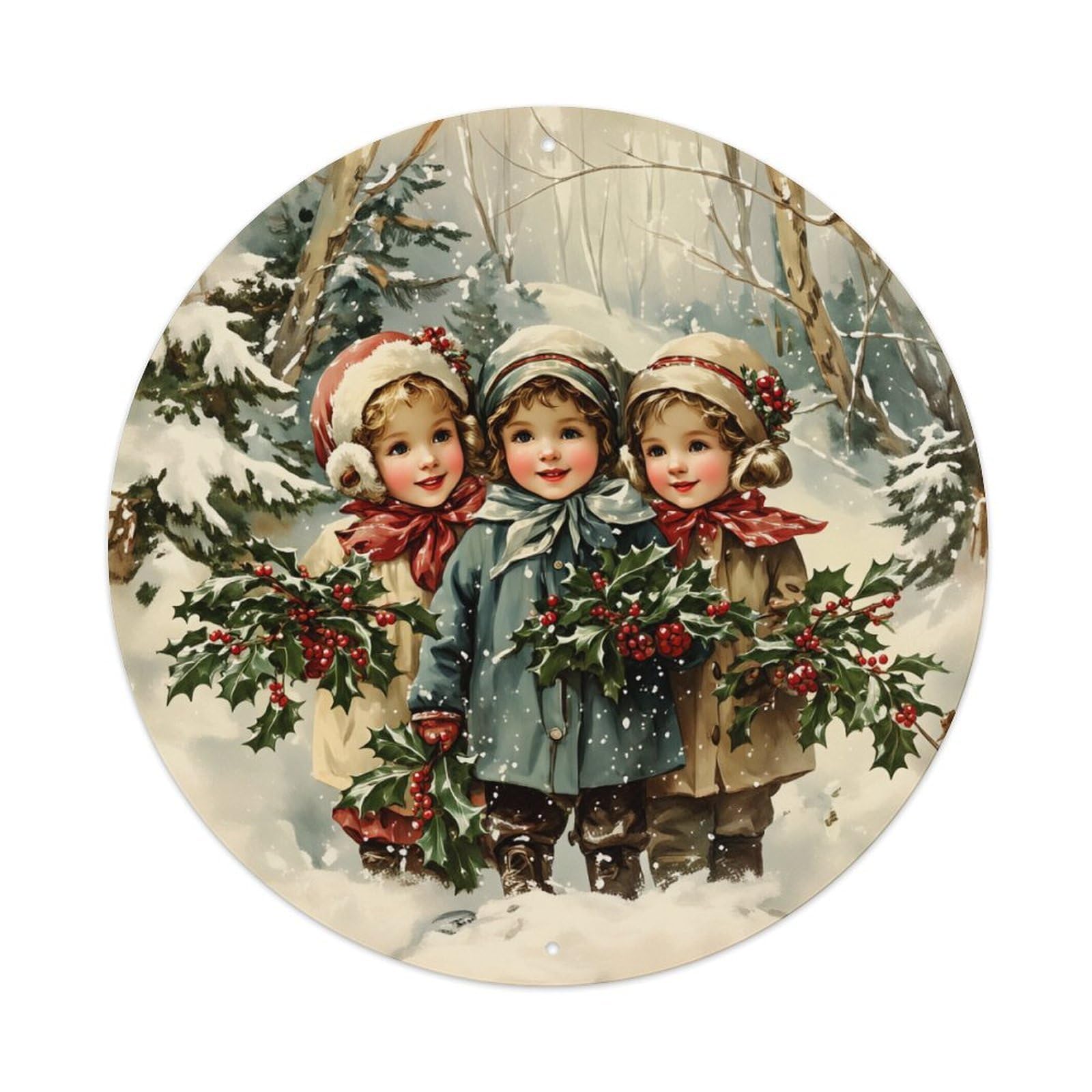 Winter Children Holly Snowscape Round Tin Sign Retro Metal Sign for Cafe Bar Pub Home Game Room Gym Club Wall Decoration Vintage Metal Poster 8x8 Inch