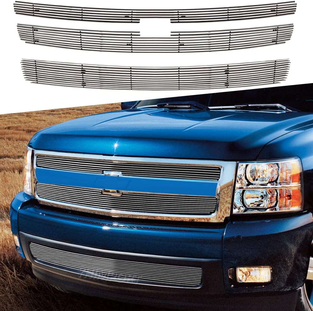 Polished Grill fits 2007 08 09 10 11 12 13 Chevy Silverado 1500 Chrome Front Grille Insert Upper+Lower 3pcs