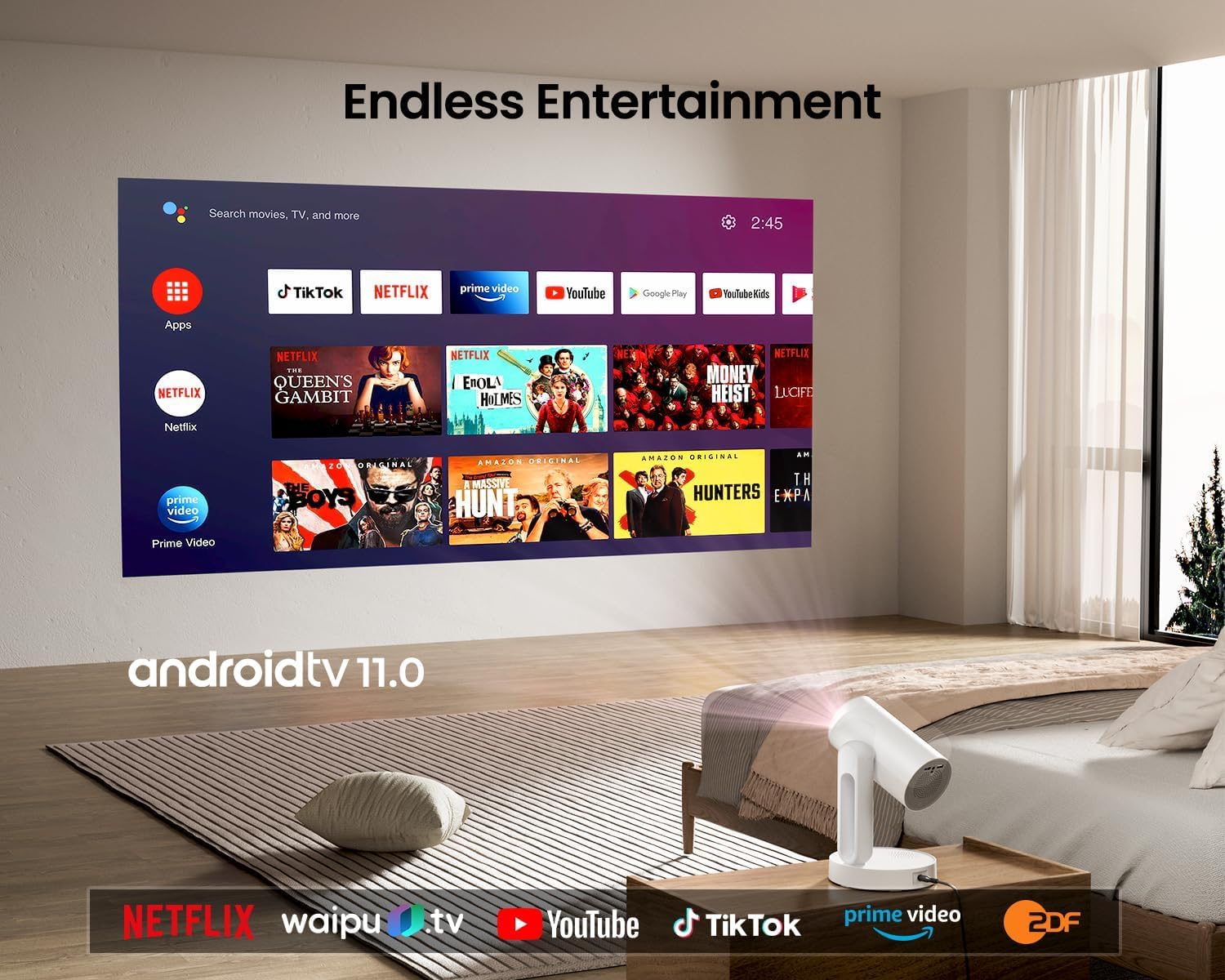 ETOE Starfish Projector displaying Android TV interface with streaming apps