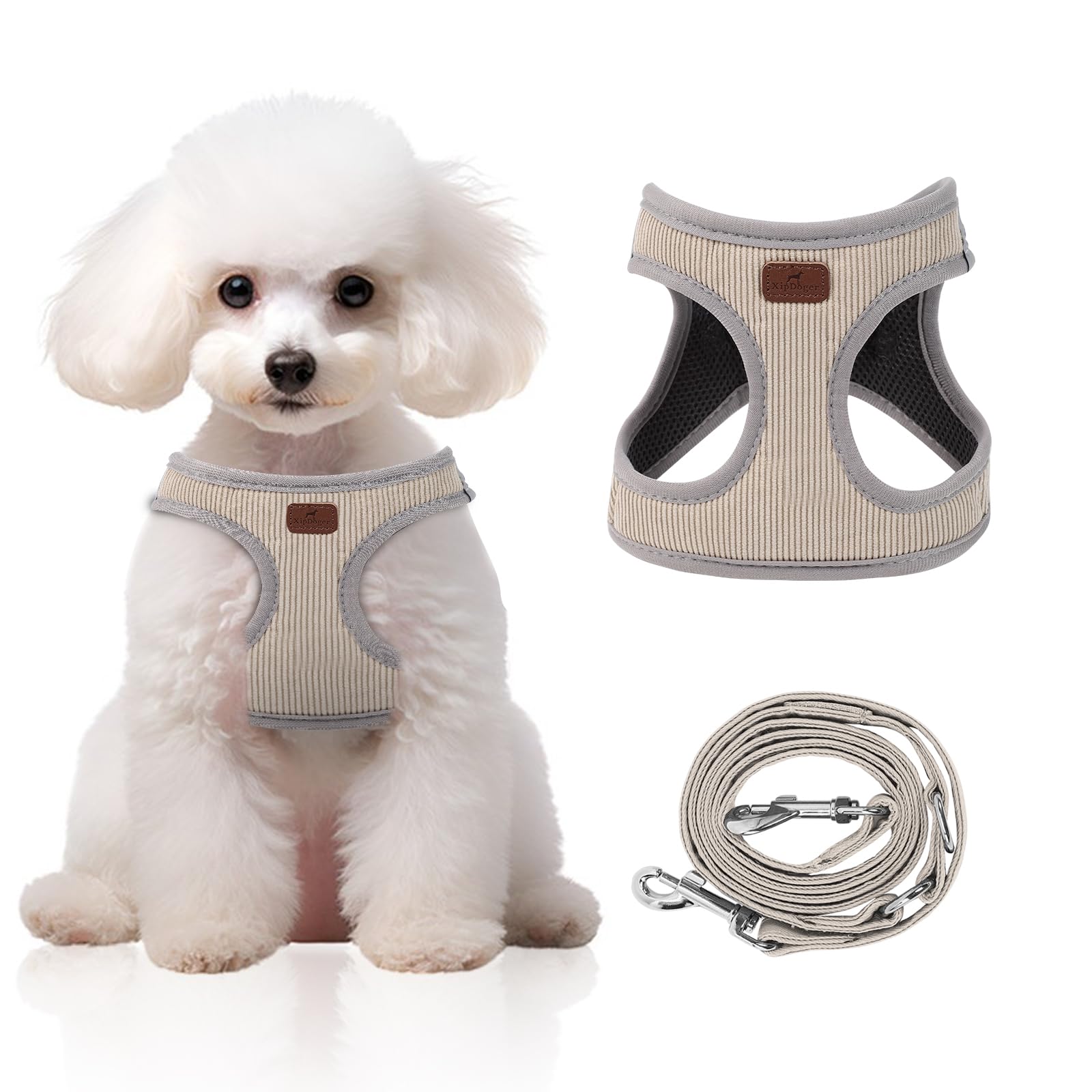 Dog Harness with Multifunction Dog Leash,No Pull Reflective Step-in Harness for Soft Adjustable No Choke Escape Proof,Easy Walk Dog Harness for Medium Dogs (Beige &Grey, M)