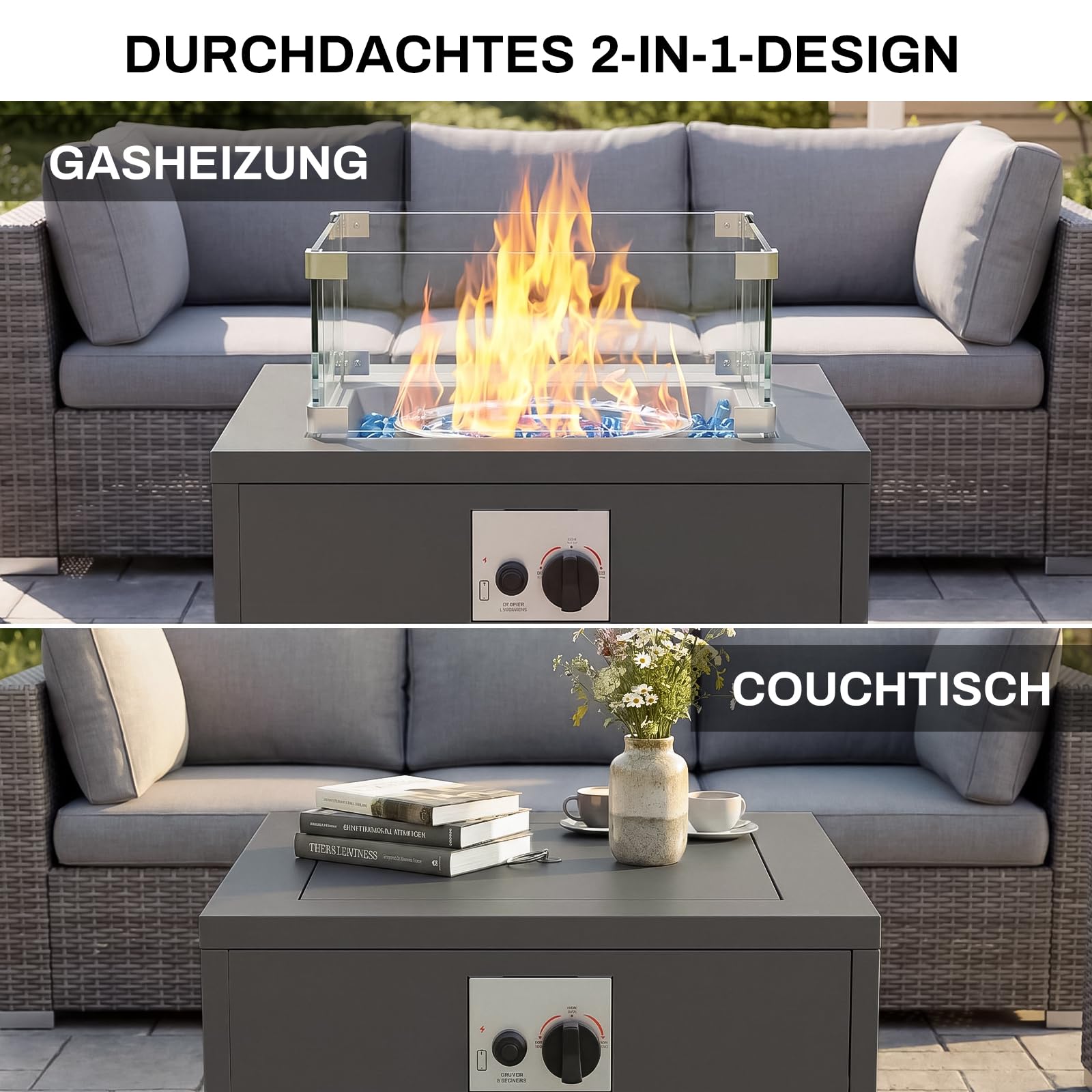 TLGREEN 20" Gas Feuerstelle Outdoor, Feuerstellen für Garten Balkon, 14.5kW | Feuertisch mit Glaswindschutz, Glassteine, Wasserfester Schutzhülle, Gas Gartentisch, Gaskamin, 4PCS Füße, 50x50x62cm