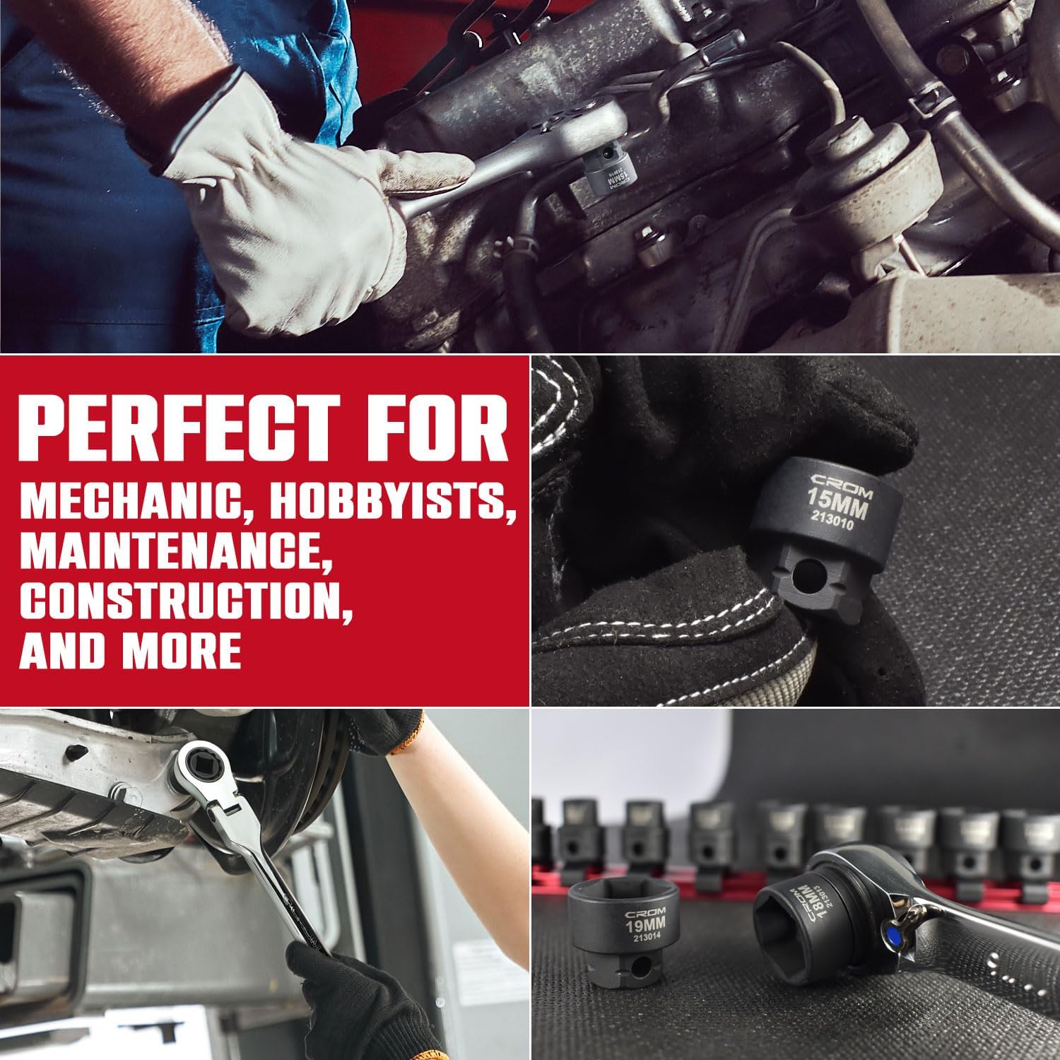 CROM Stubby Impact Socket Set - 14-Piece 3/8" Drive Metric 6-19mm Low Profile Socket Set, CR-MO Steel Nano Shallow Impact, Includes Aluminum Storage Rail (Metric 14 Piece)