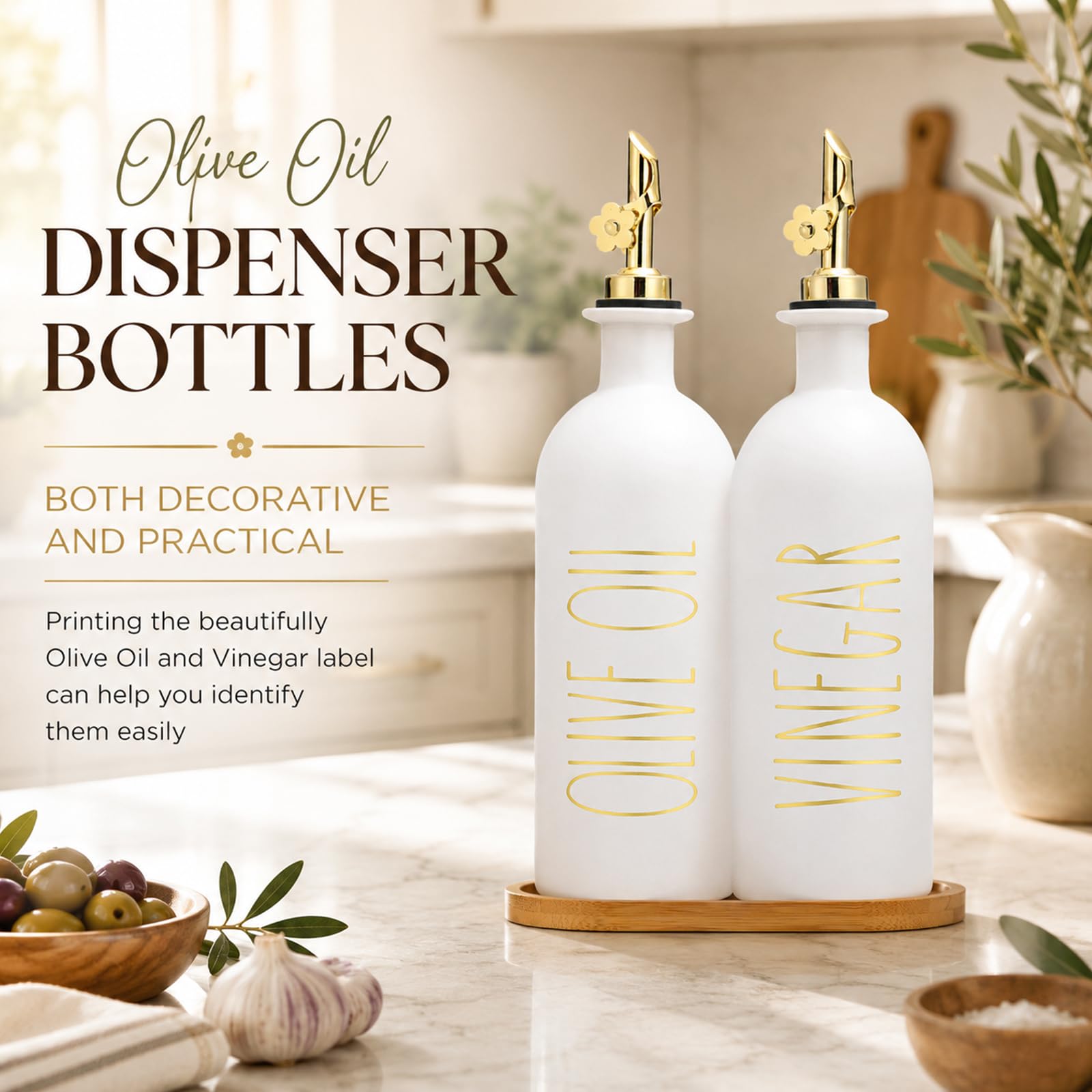 HOMCDALY Botellas dispensadoras de aceite de oliva de 16 onzas para cocina, juego dispensador de aceite y vinagre dorado, dispensador de aceite de vidrio para cocina con bandeja de bambú, juego de 2