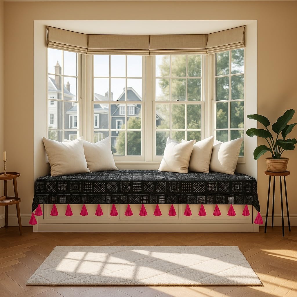 WWW.THROWPILLOW.IN Black Tribal Wooden Bay Window Seat Cover with Tassels | 4 Ft Luxury Heavy-Duty Anti-Slip Bay Window Seat Cover – Premium Fabric Custom Fit, Washable Living Room Decor-image-45