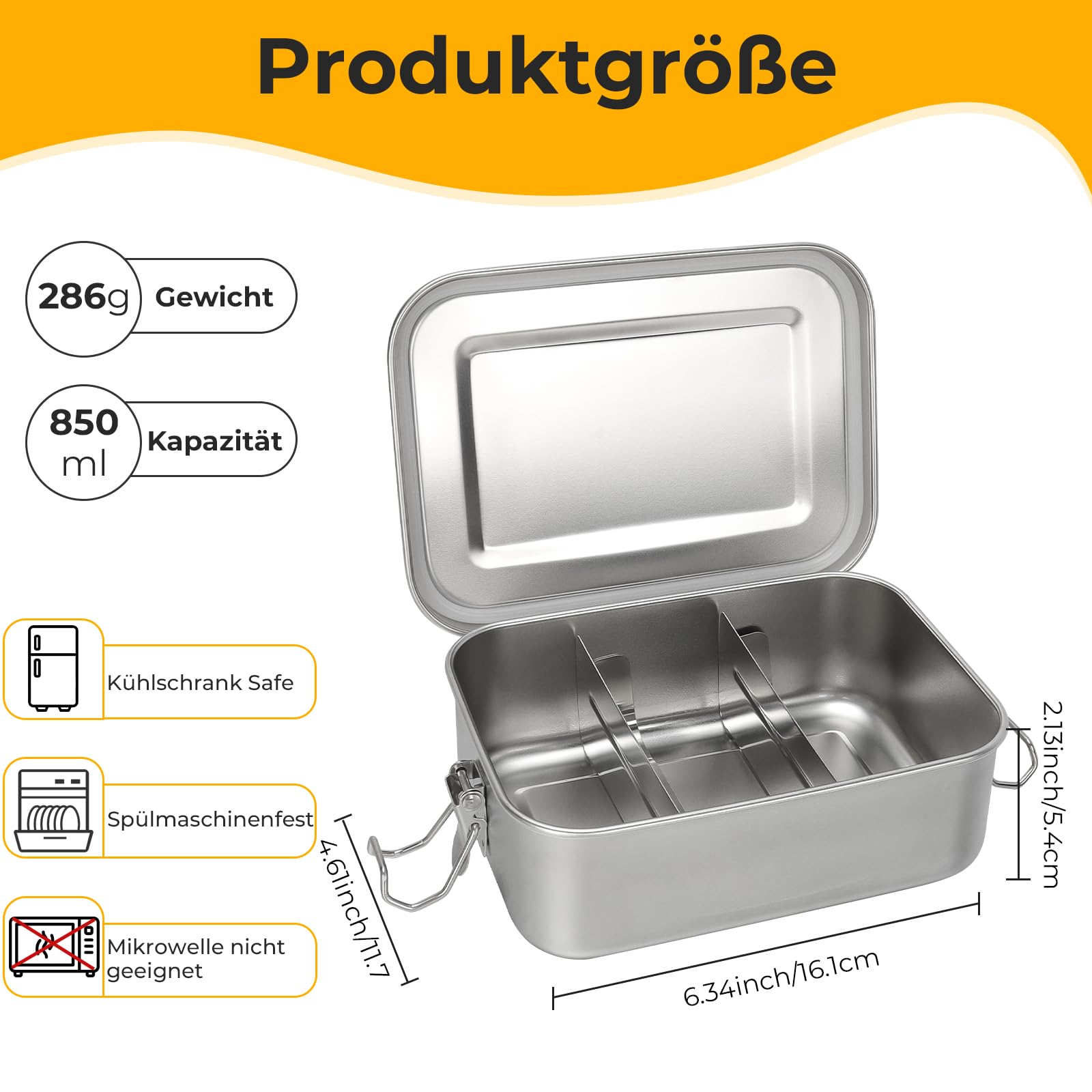Contenitore per il pranzo in acciaio inox, 850 ml, impermeabile, con scomparti e guarnizioni per scuola, lavoro, picnic, sostenibile ed ecologico, senza BPA, per studenti, adulti