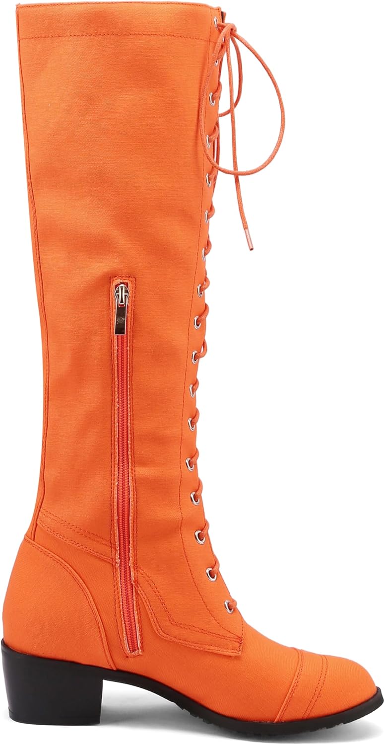 BEAUPAS Women's Knee High Combat Boots Lace Up Low Heel Military Tall Boots(Orange,7)