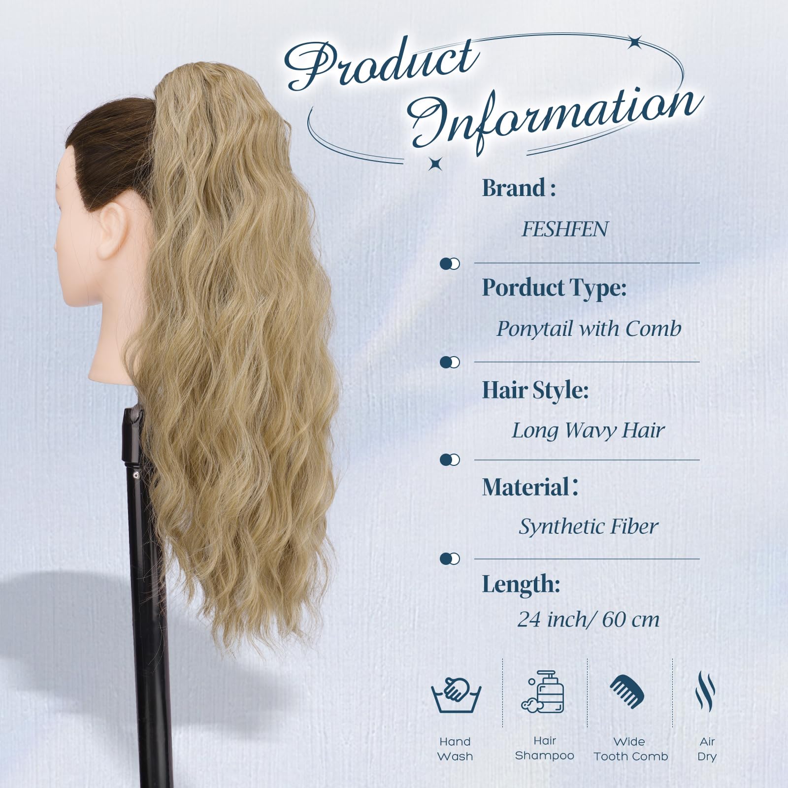 FESHFEN Lange Pferdeschwanz Haarteil Extensions, Lockig Wellig Haarextension Zopf mit Kamm Synthetik Haarverlängerung Ponytail für Frauen, 60 cm Blond & Aschblond Gemischt