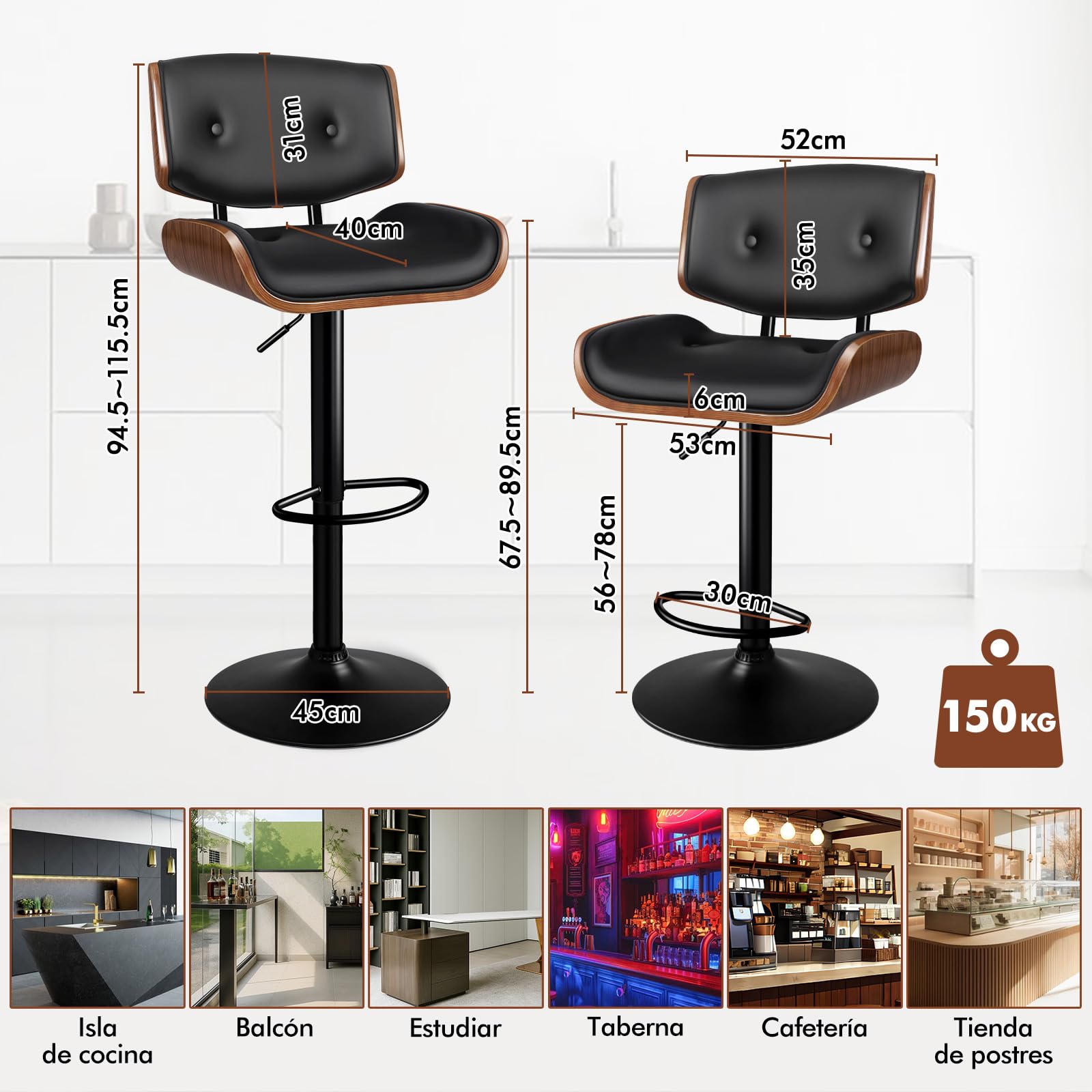 ALFORDSON Taburete de Bar, taburetes de Cocina giratorios con altura ajustable, Taburete de mostrador Odette de Madera, pistón de gas, Cuero PU abotonado, Negro