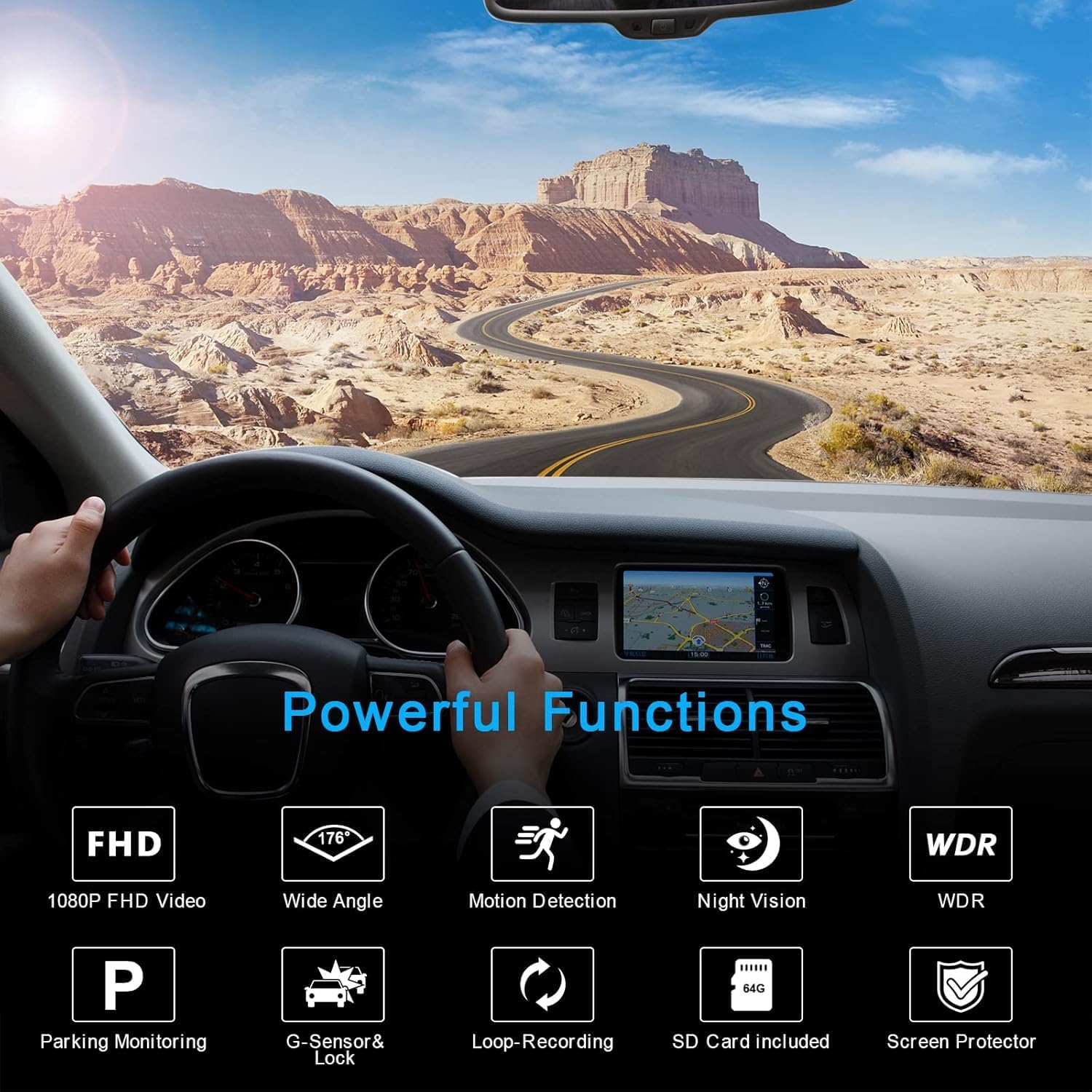 Dash Cam installed in a vehicle, highlighting key functions.