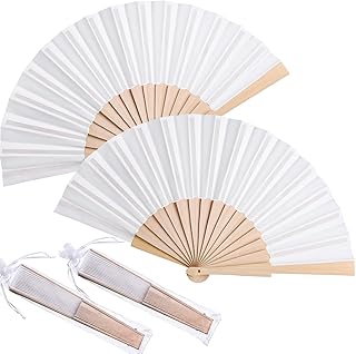 Chuangdi 2 Pieces Folding Hand Fans for Line Dancing Manual Clapping Wooden Wedding Fans Handheld for Women with Drawstring Organza Bags Back to School Gift Party Supply(White,2 Pcs)