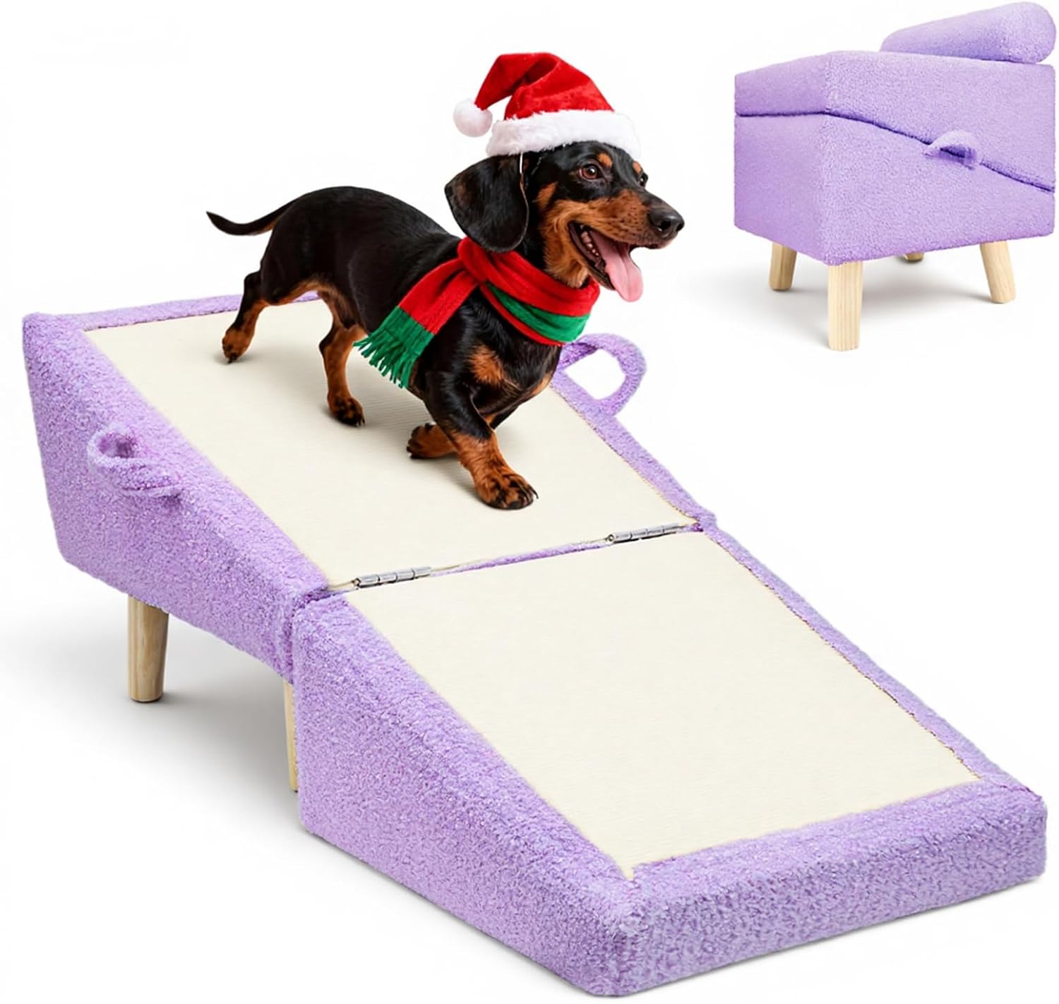 Dog Ramp for Small Dogs and Cats – 2-in-1 Dog Ramp for Couch and Low Bed, 16.5'' Foldable Wooden Pet Ramp, Sturdy Multi-Use Split Ottoman Design, Light Purple