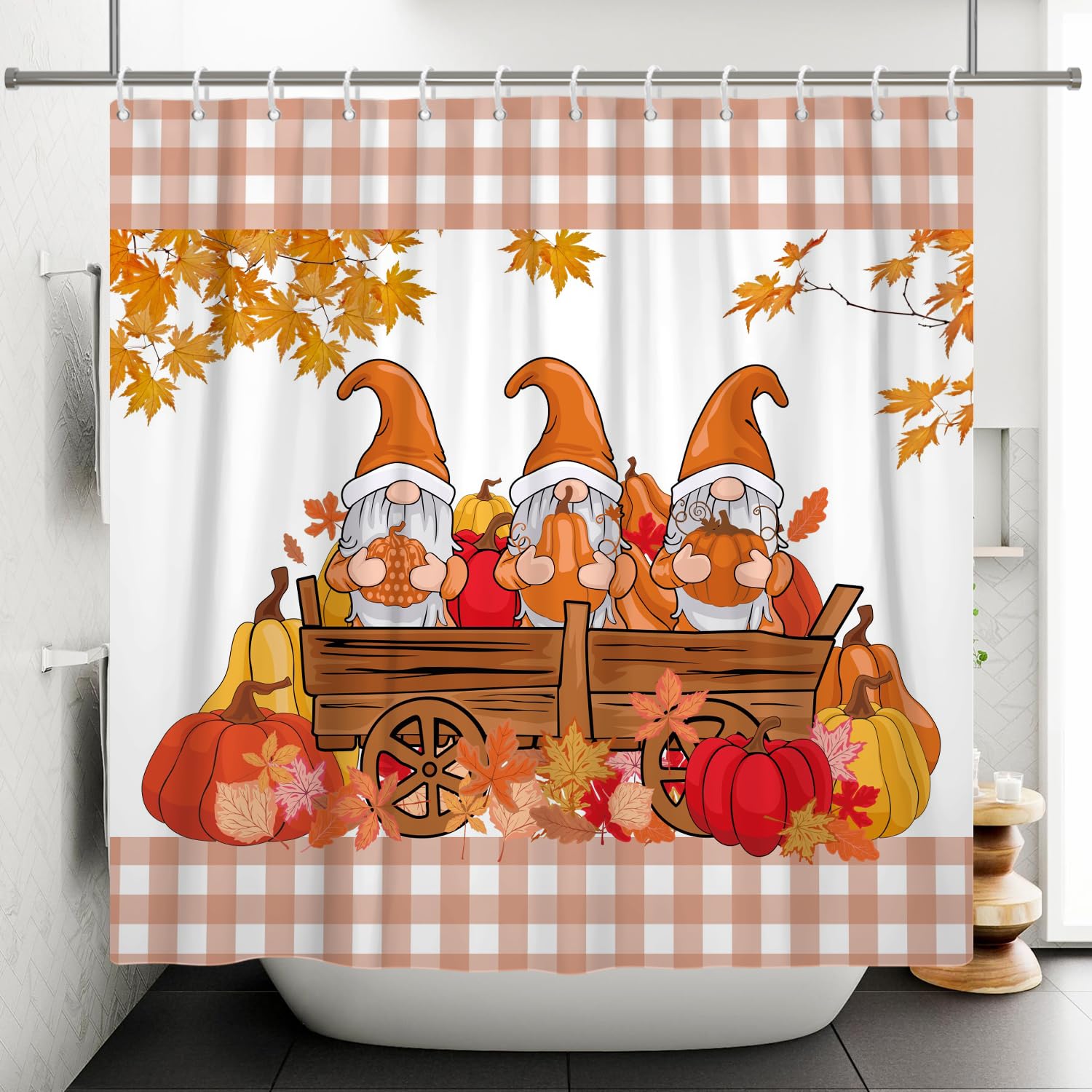 ASDCXZ Shower Curtain Autumn Maple Leaves 90x180 cm, Fall Orange Leaves Cute Gnome Pumpkin Cart Washable Shower Curtains Bathroom Decor Waterproof Polyester Textile Bathtub Curtain with 6 Hook — image 1