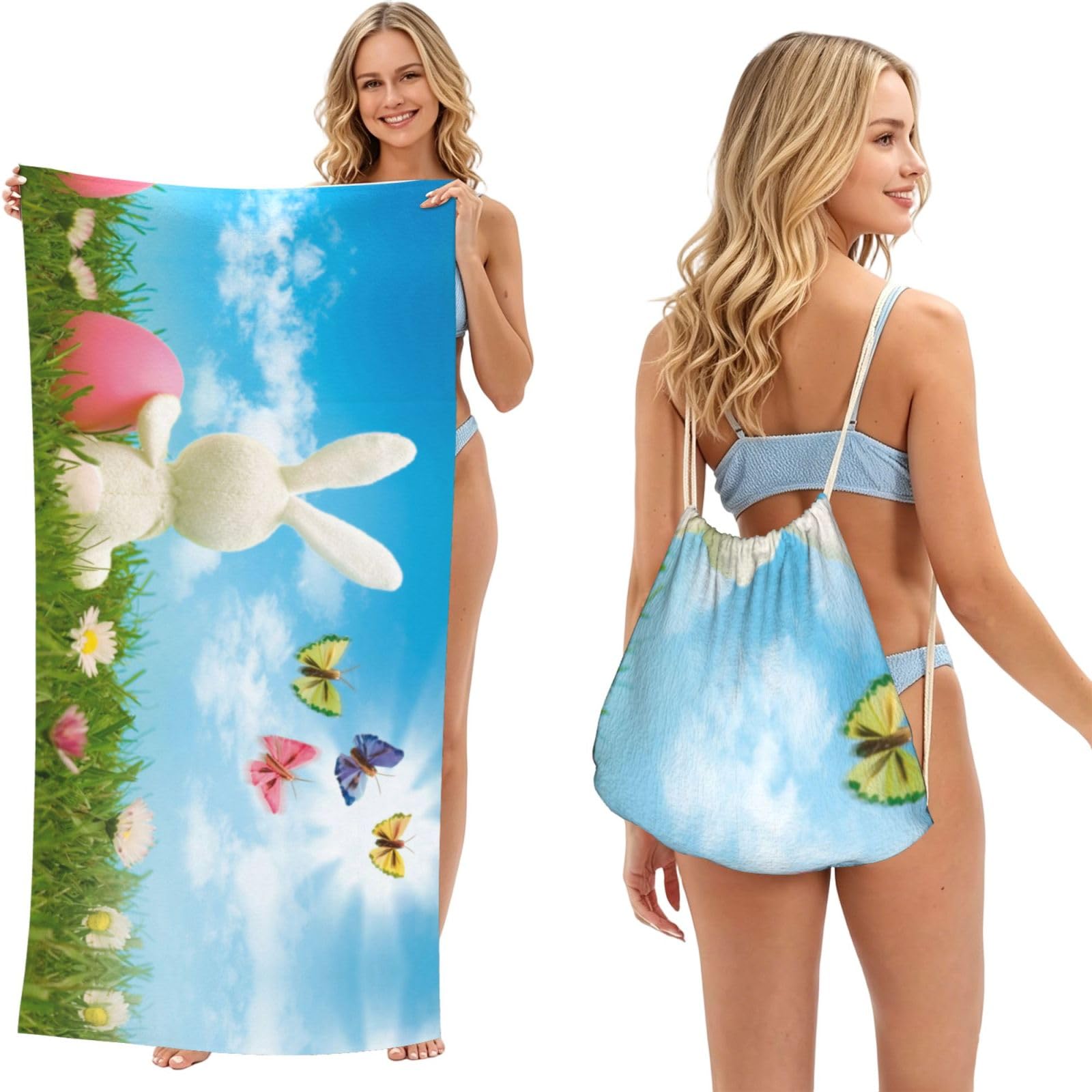 WSHFFILO Easter Bunny with Eggs and Spring Butterfly printed 2 in 1 Packable Towel Bag Bath Towel Beach Towel
