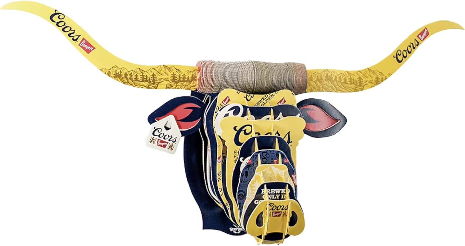 BEER DEER Coors Banquet Longhorn Head 3D Cardboard Mount Wall - Man Cave Decor - Crafted for Garages, Bars, Country Rooms & Beer Lovers - Easy Assembly & Durable Design