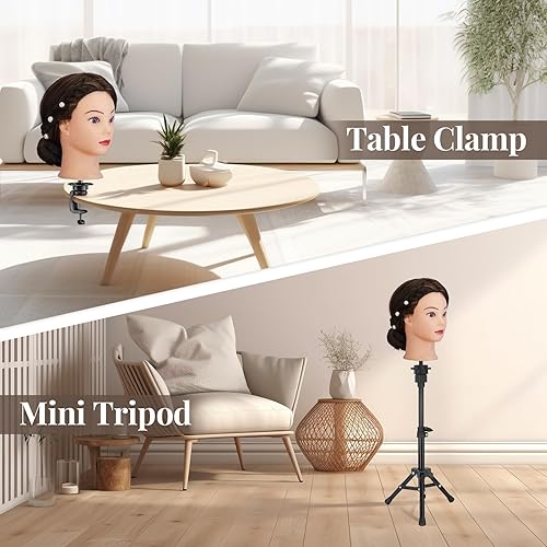 Miniatura 4 de Cabeza de maniquí de 28 pulgadas con 80% cabello real, cabeza de muñeca de práctica de maniquí de cosmetología, cabeza de trenzado con soporte de