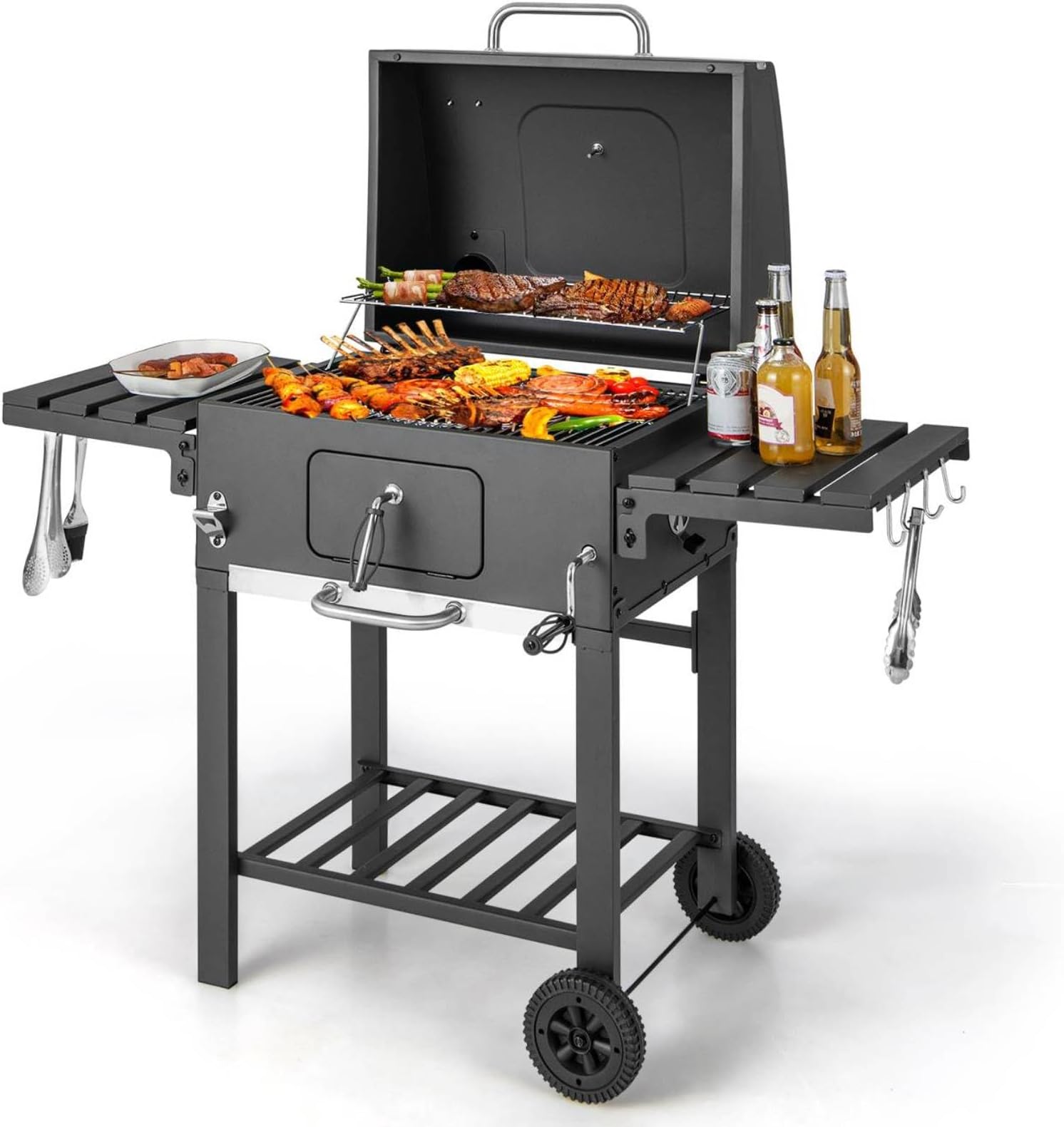 Charcoal Grill, Portable BBQ Grill with Wheels, 2 Foldable Side Tables, Hooks & Thermometer, Outdoor Large Food Cooking Grilling Smoker for Garden Picnic Party Camping (128 x 54 x 117cm)