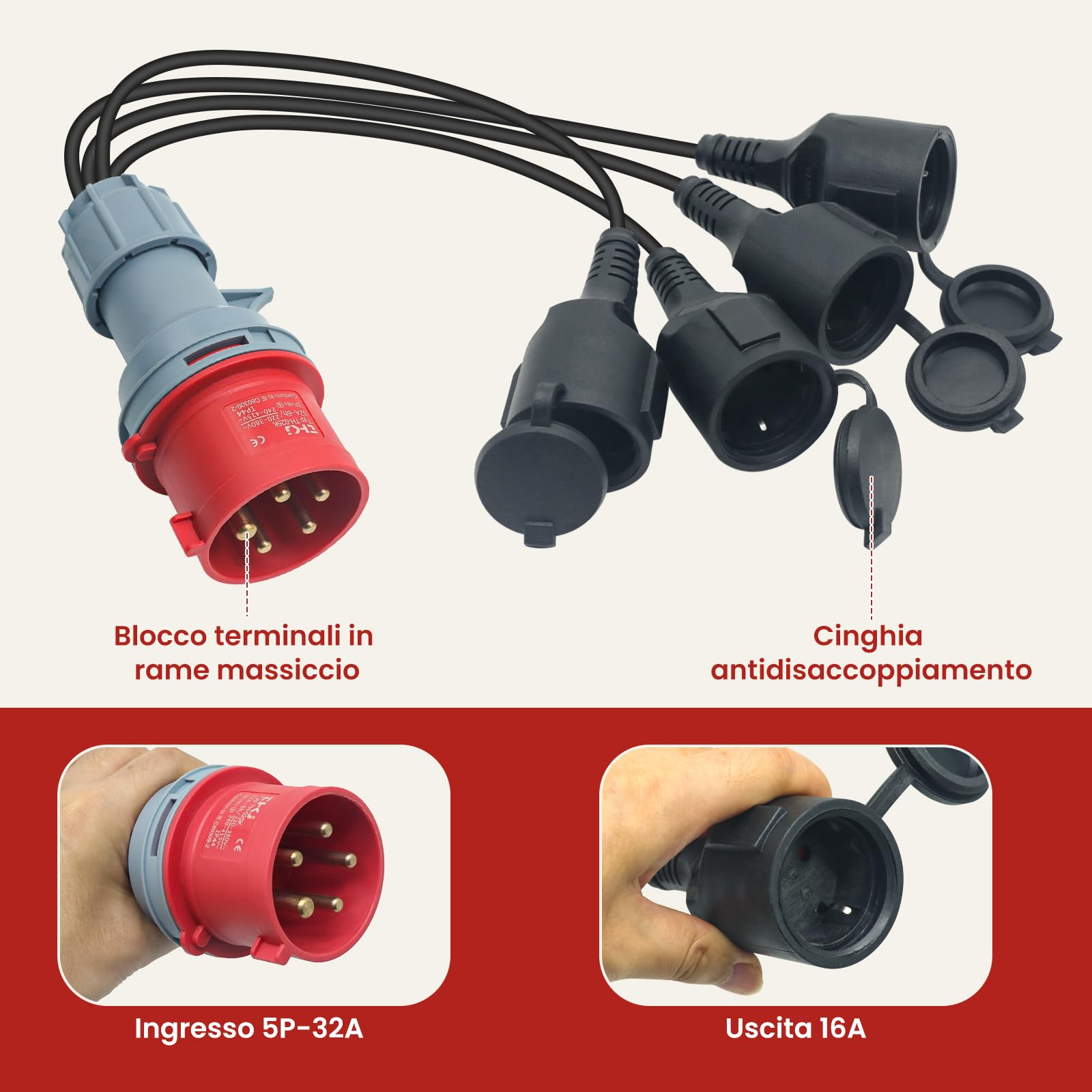 Adattatore di Alimentazione Industriale CEE 5P-32A/16A IP44 con 4 Uscite - Per Veicoli Elettrici, Camper, Cantieri e Uso Domestico - Materiali Antigurto e Resistente ai Raggi UV