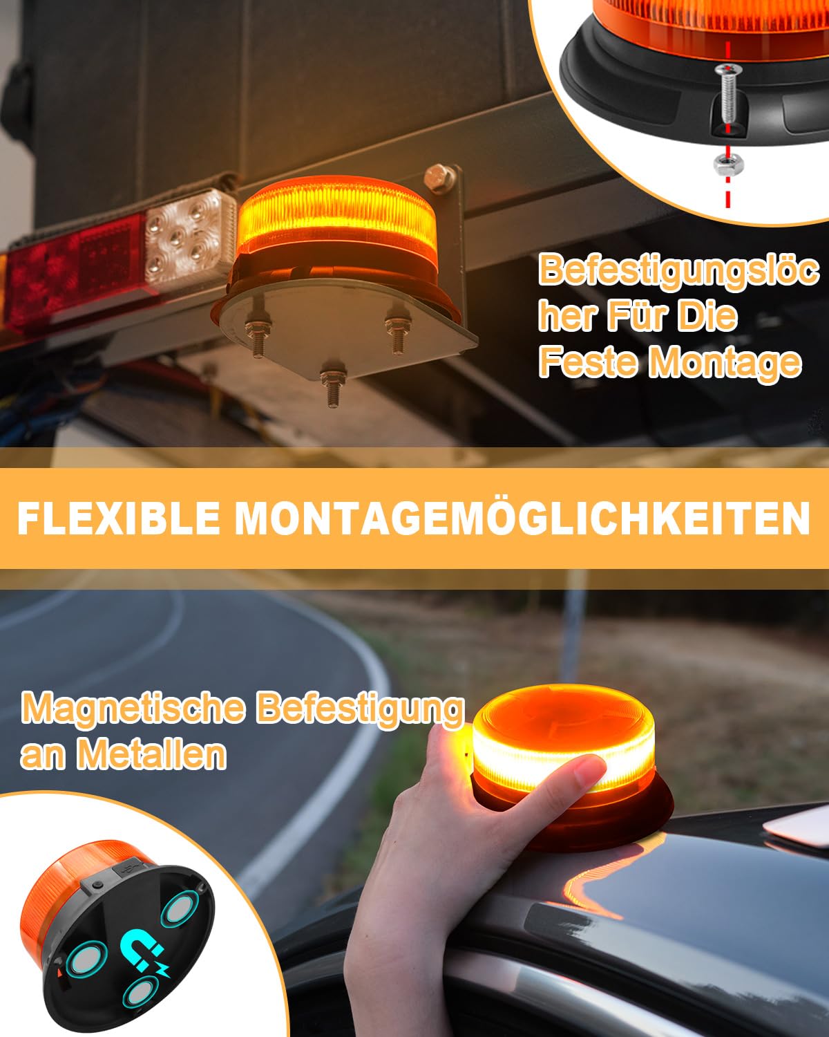 Dinfu 2pcs Rundumleuchte akku 12V orange led Warnleuchte magnet | 9 Blinkend Leuchtmodi mit USB-Kabel und Kfz-Ladekabel für Auto LKW Traktor Golfwagen Gabelstapler UTV Anhänger SUV J-eep