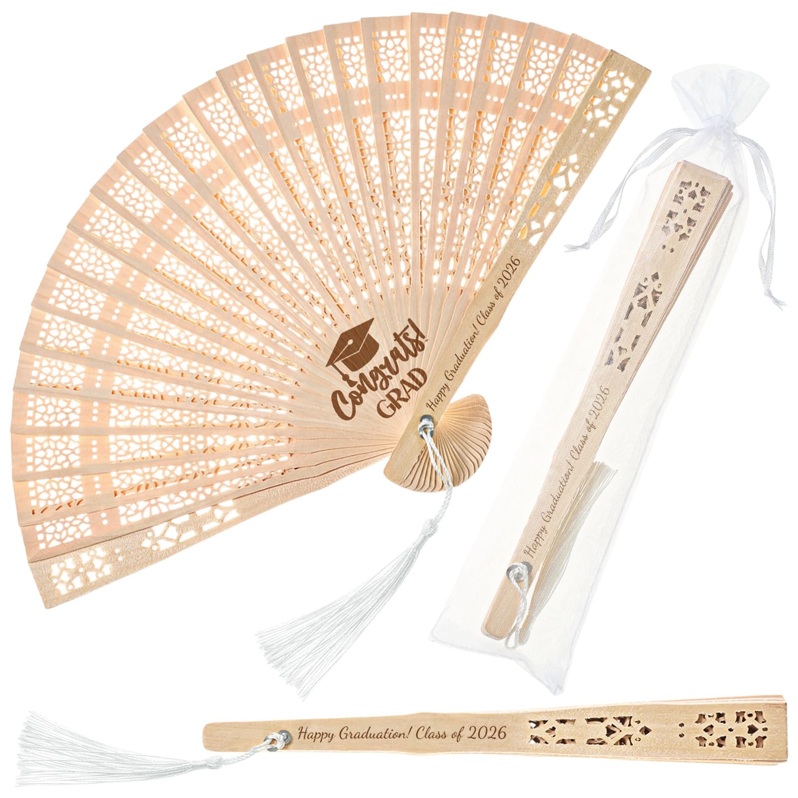 Photo 1 of 1 Class of 2026 Graduation Wooden Folding Fans Handheld with Tassels and Organza Bags Bulk Vintage Graduation Party Favors Gifts 2026 Grad Ceremonies Hand Holders Photo Prop Grad Party Supplies