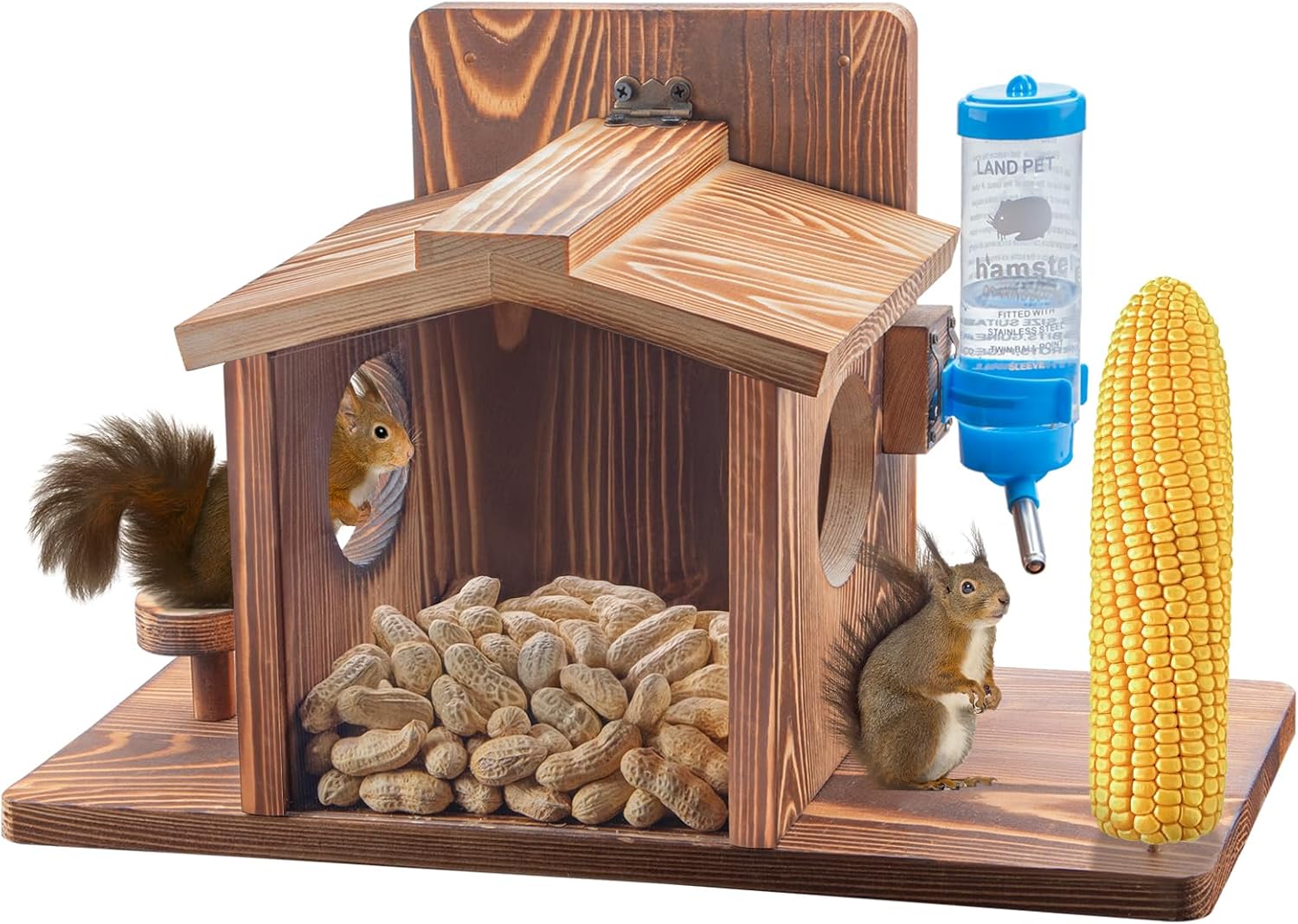 Squirrel Feeder for Outside, Squirrel Picnic Table Feeder for Corn Cob, Peanut and Nuts, Hanging Chipmunk House Box for Outdoors with Window and Squirrel Water Feeder