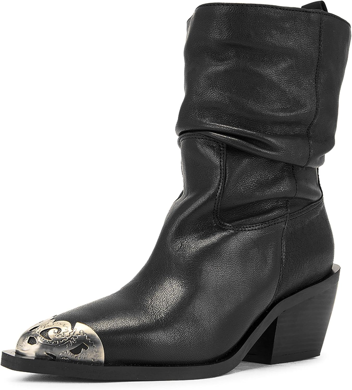 Western Boots for Women Filigree Metal Toe Slouch Cowboy Boot Pointed Toe Pull On Chunky Heeled Boots Stylish Women's Mid Calf Cowgirl Boots