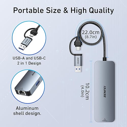Miniatura 7 de BENFEI Adaptador USB-C USB 3.0 a Gigabit Ethernet, concentrador USB 3.0 de 3 puertos con RJ45 compatible con MacBook Pro/Air 2023, iPad Pro, iMac,