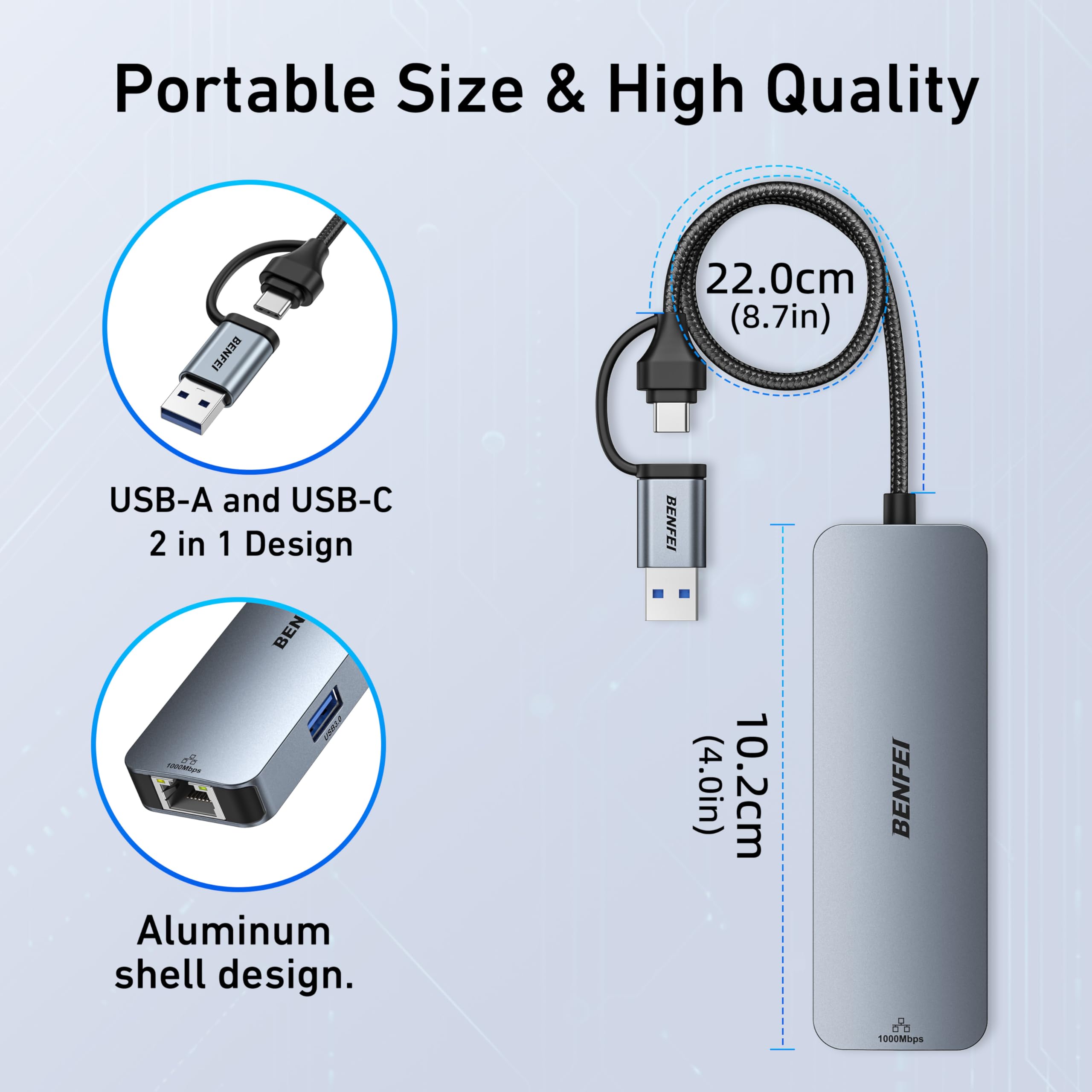 BENFEI Adattatore USB C Ethernet, Hub Con 3 Porte USB 3.0 e 1 Porta LAN RJ45 1000M Gigabit per MacBook Pro/Air 2023 iPad Pro iMac S23 Surface Book 3