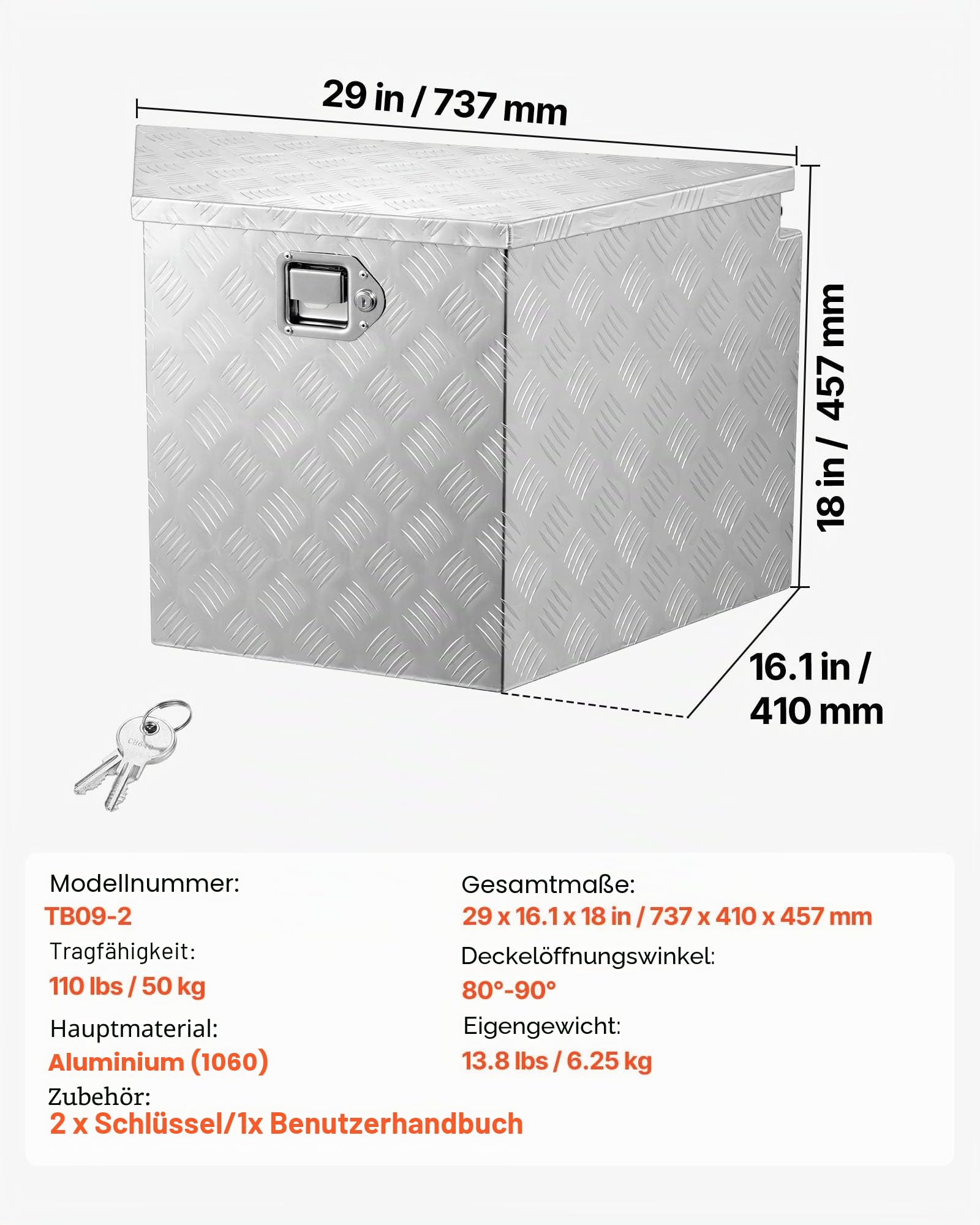 VEVOR Deichselbox Truckbox 737 x 410 x 457 mm aus Aluminium, 50 kg Belastbare Werkzeugaufbewahrungsbox mit Schloss & Schlüsseln, Anhängerbox für Pickup-Ladeflächen Wohnmobile SUVs Geländewagen, Silber