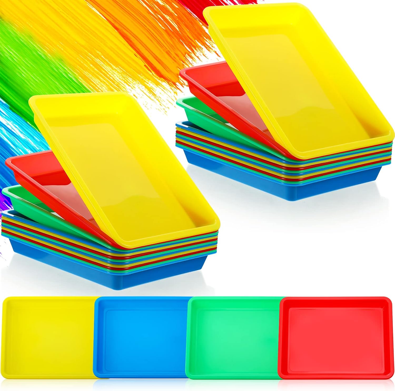 Jetec 24 Pcs Plastic Art Trays 11.4 x 8.6 Inch Multicolor Activity Art Serving Trays Bulk for Classroom and Crafts Organizer, DIY Projects, Painting, Beads, Organizing Supply