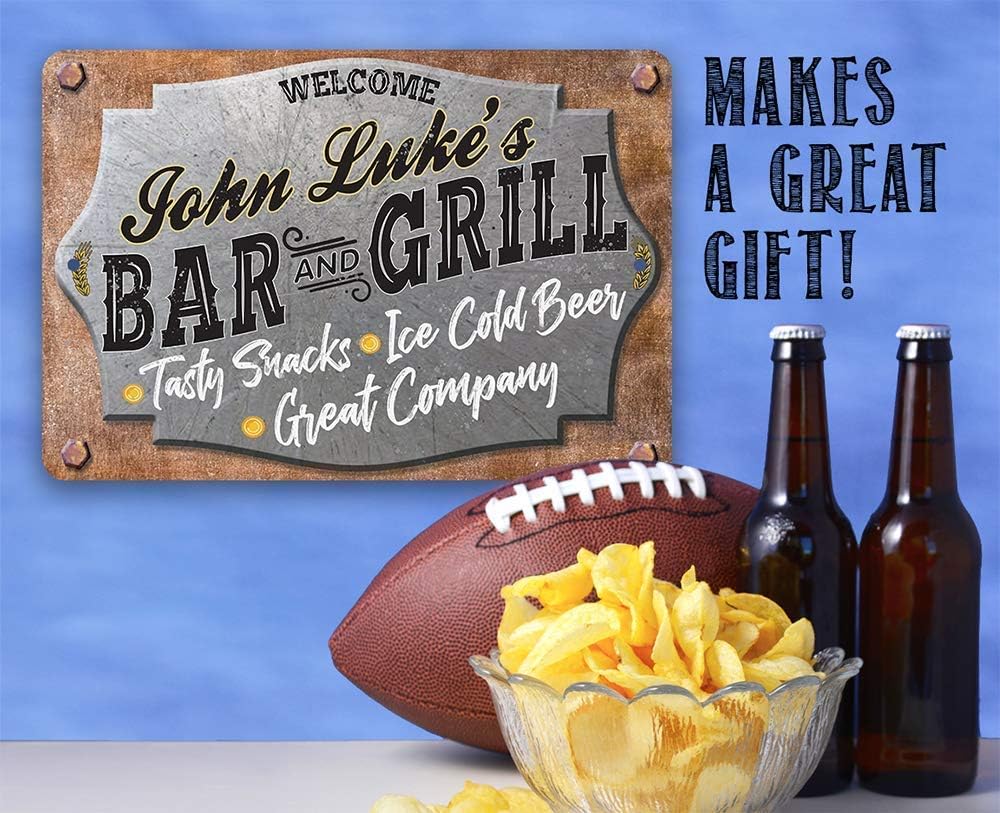 Personalized Bar and Grill Metal Sign - Vintage Tin Signs for Patio, Garden, Bars, Kitchens and Restaurants, BBQ Grill Print and Housewarming Gifts, 8x12 or 12x8 Use Indoor or Outdoor Metal Tin Sign