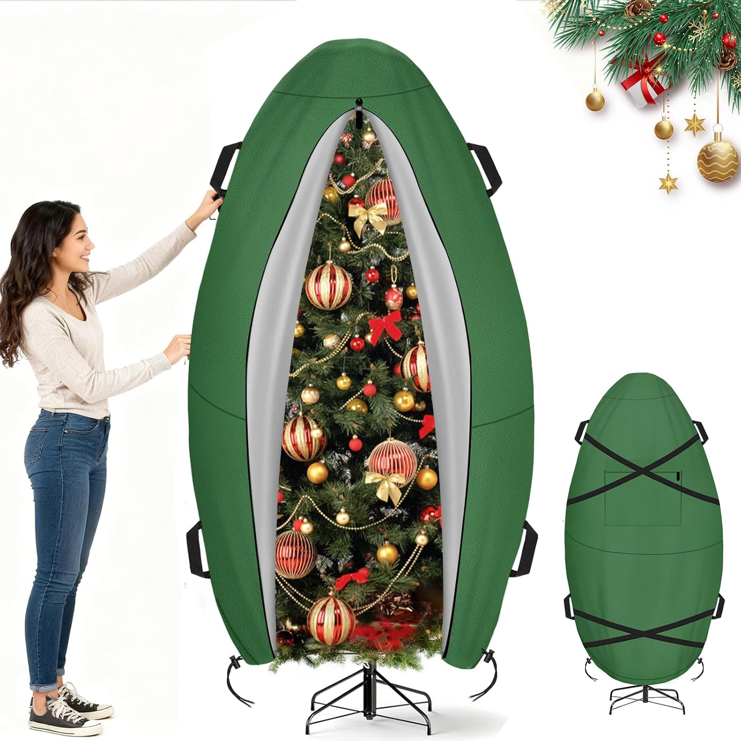 LYHNMW Upright Christmas Tree Storage Bag, 7.5FT Christmas Storage Tree Cover, Artificial Tree Standing Cover with Adjustable Buckle Straps, Christmas Tree Cover Snowproof, Dustproof